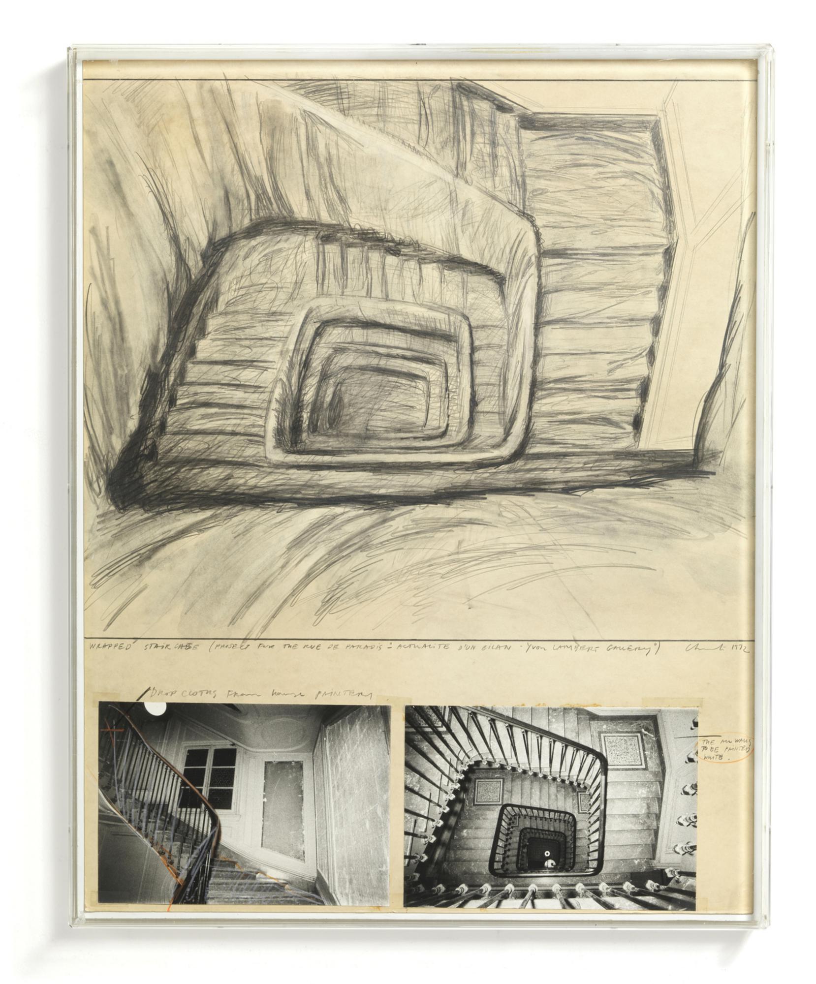 Christo (1935 - 2020) WRAPPED STAIR CASE tecnica mista su carta, cm 71x56...