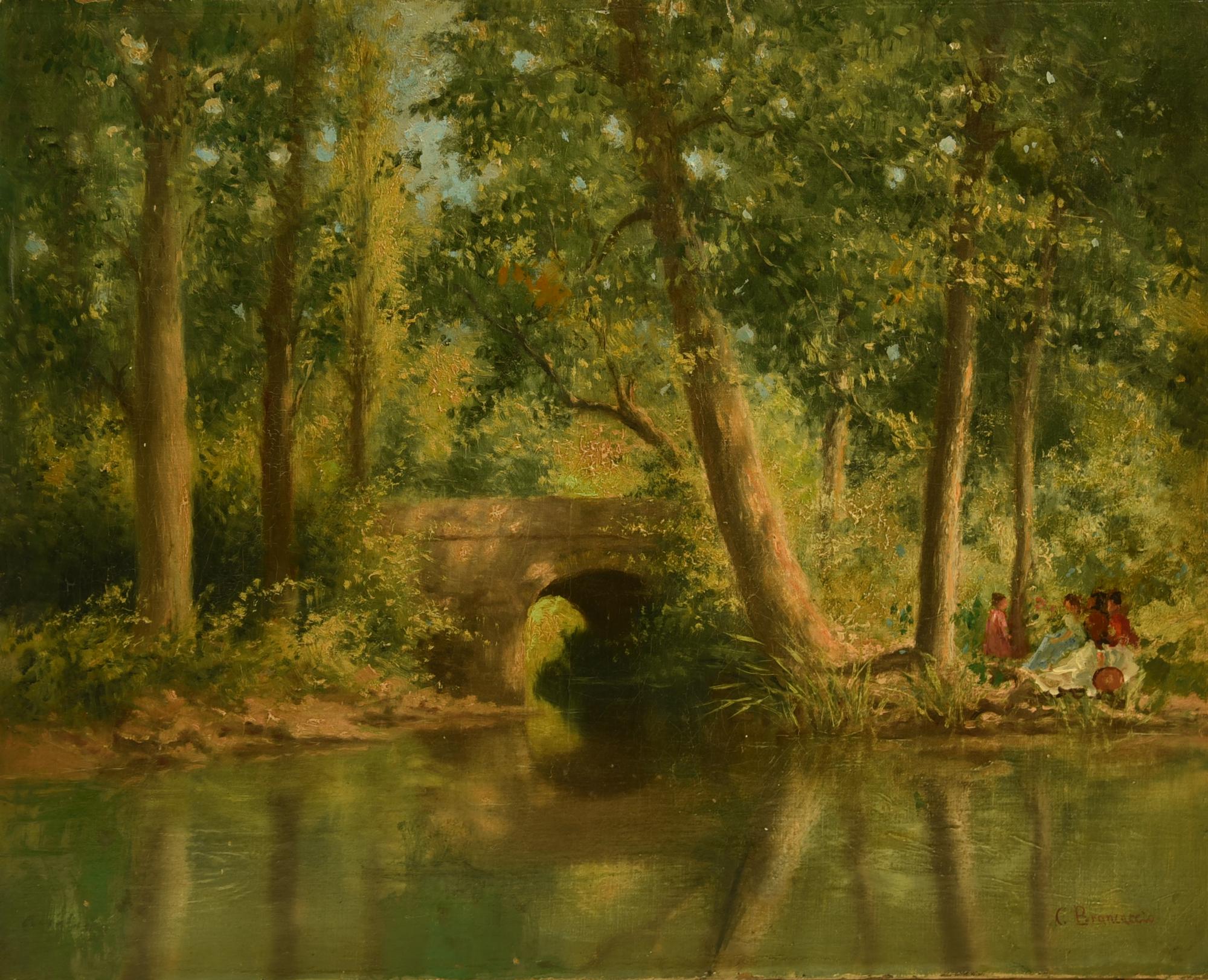 Carlo Brancaccio (1861 - 1920) VEDUTA CON FIGURE olio su tela, cm 50x60,5 firma