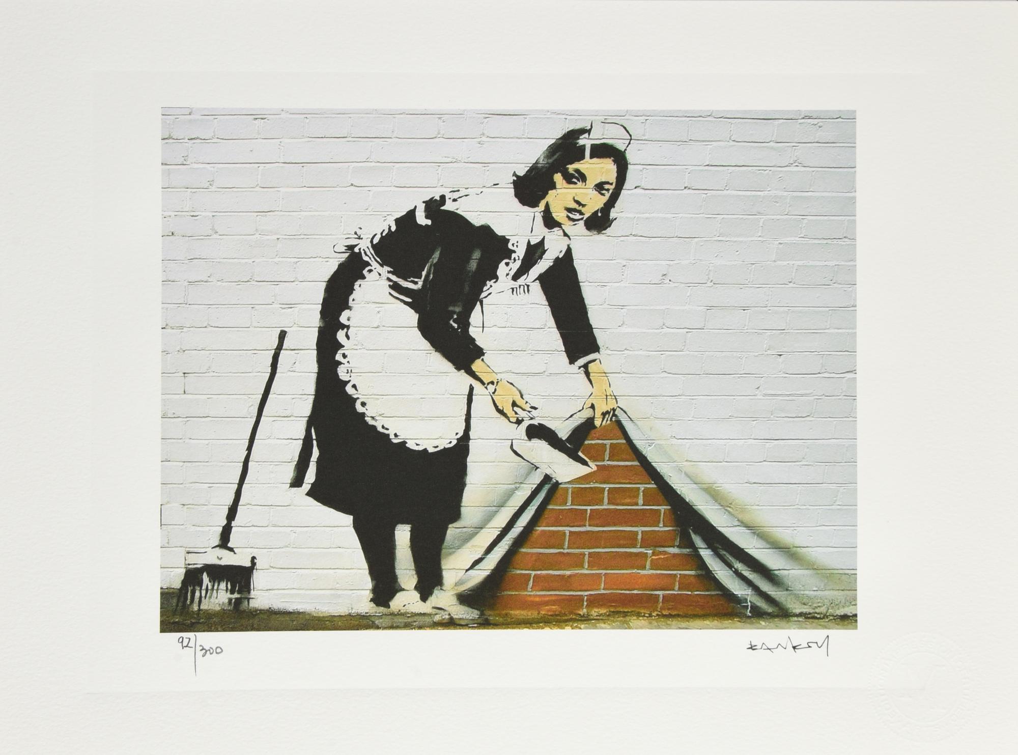 Da Banksy SWEEP IT UNDER THE CARPET eliografia, cm 38x28.5; es. 92/300...