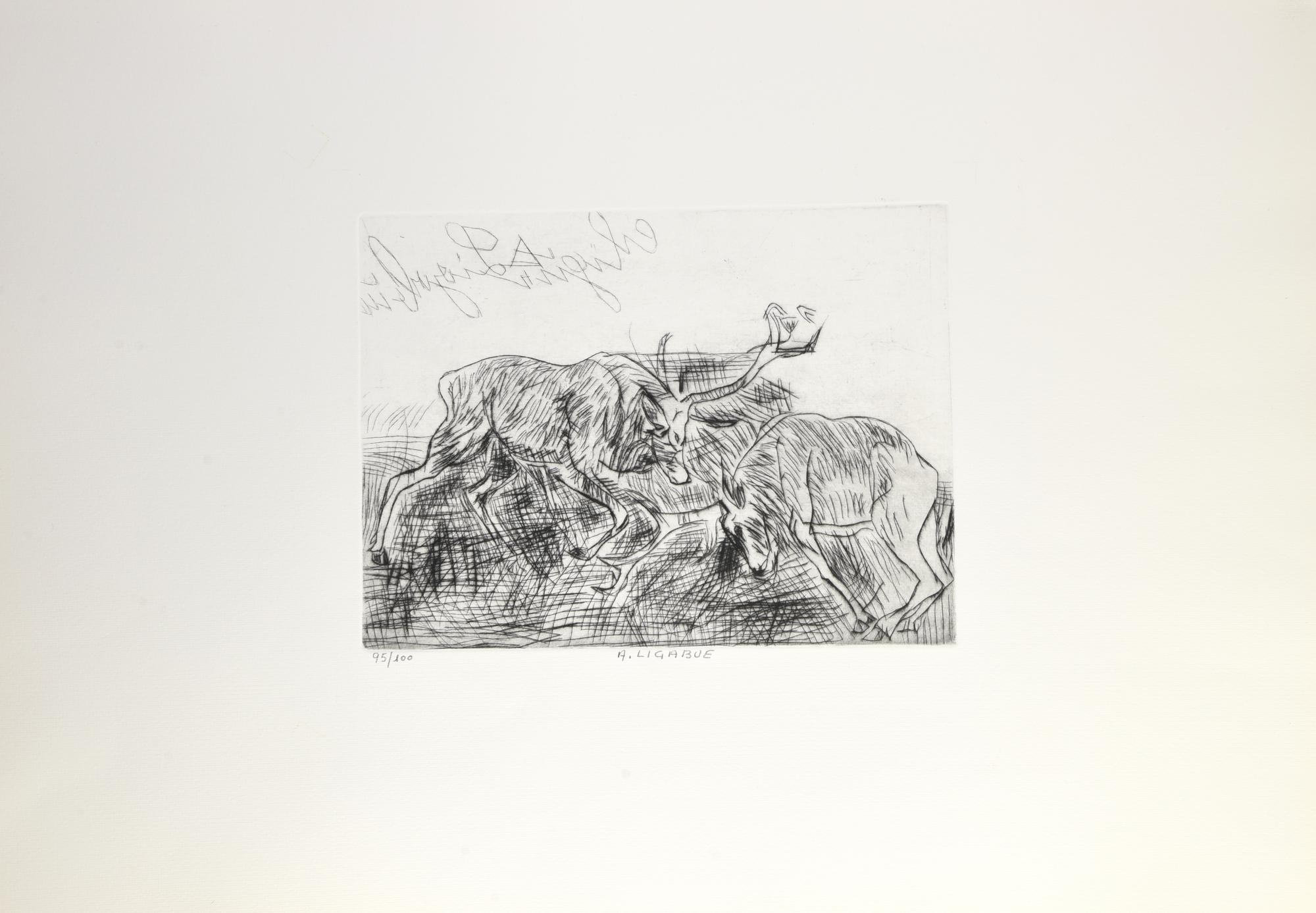 Antonio Ligabue (1899 - 1965) CERVI puntasecca, cm 22x31; su foglio, cm...