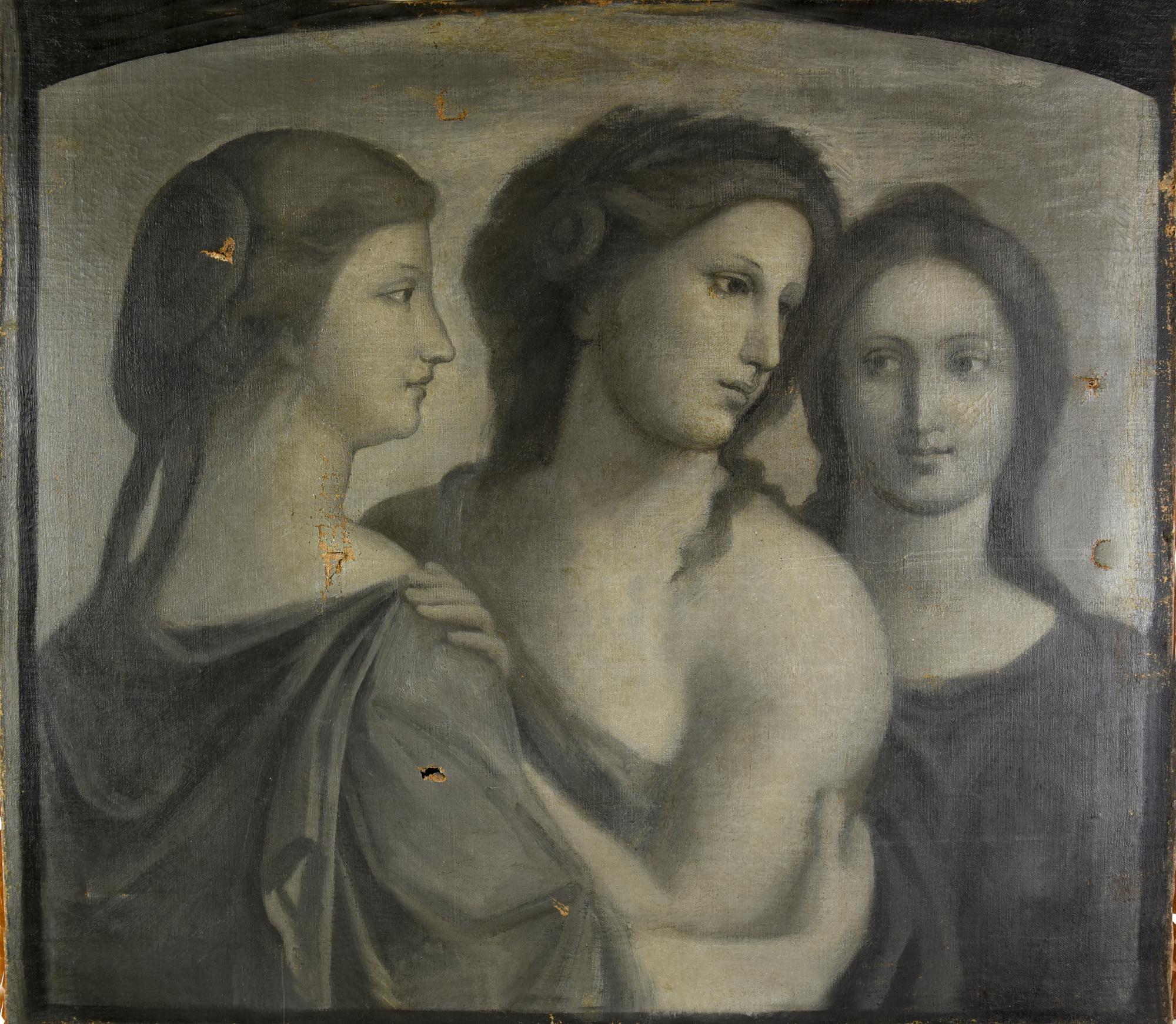 Scuola Italiana del XIX secolo LE TRE GRAZIE olio su tela, cm 69x79 Danni