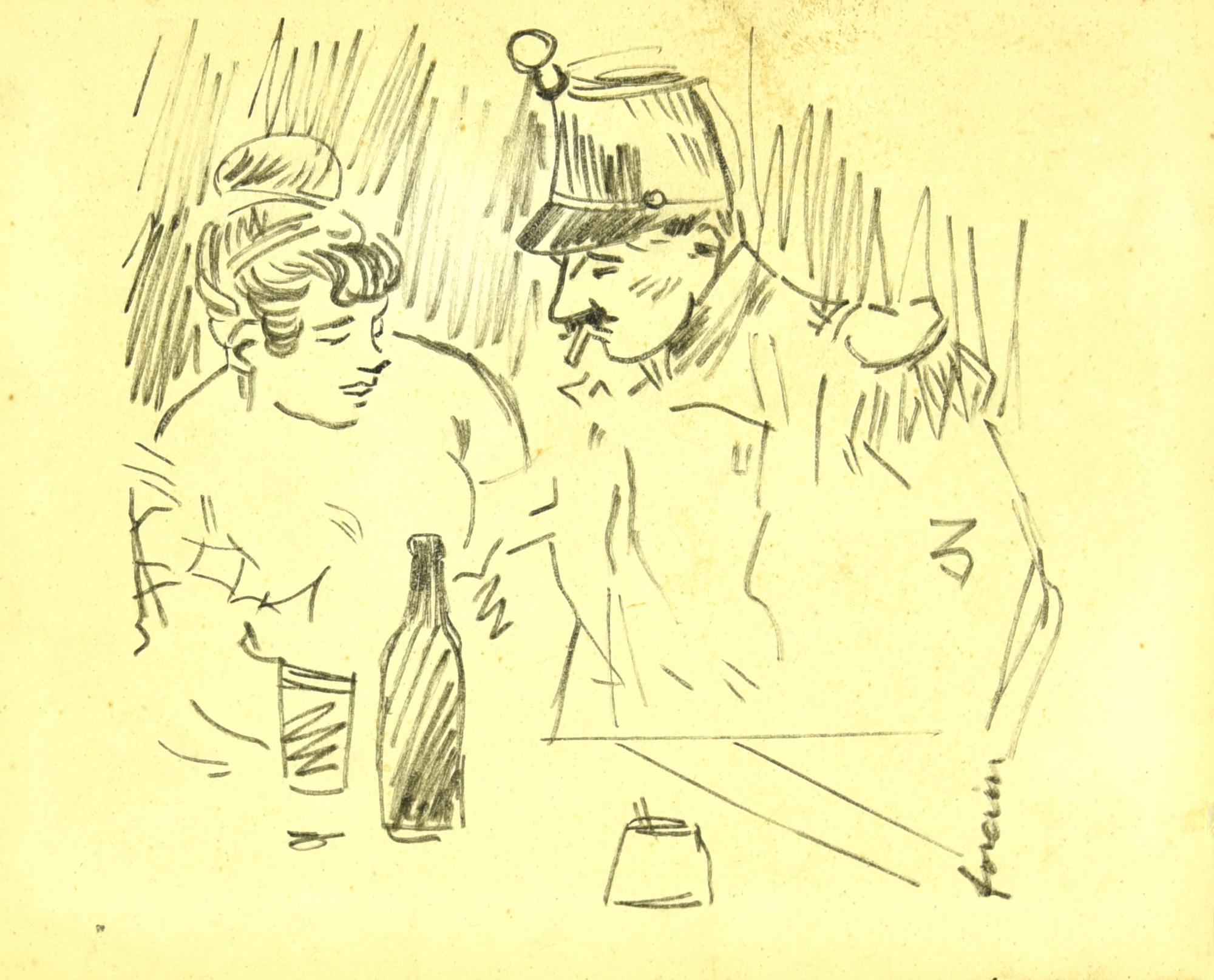 Jean Louis Forain AL BAR matita su carta, cm 13x15,3 firma
