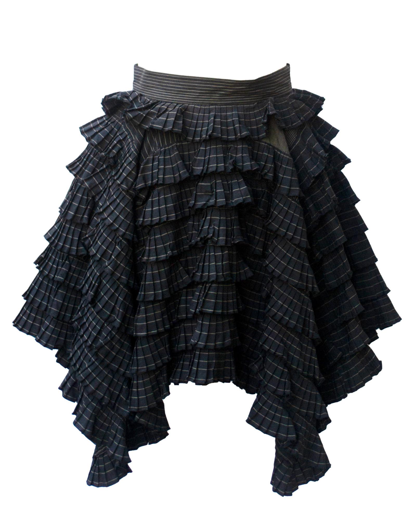 Jean Paul Gaultier RUFFLES SKIRT Description: Dark grey pinstriped cotton for...