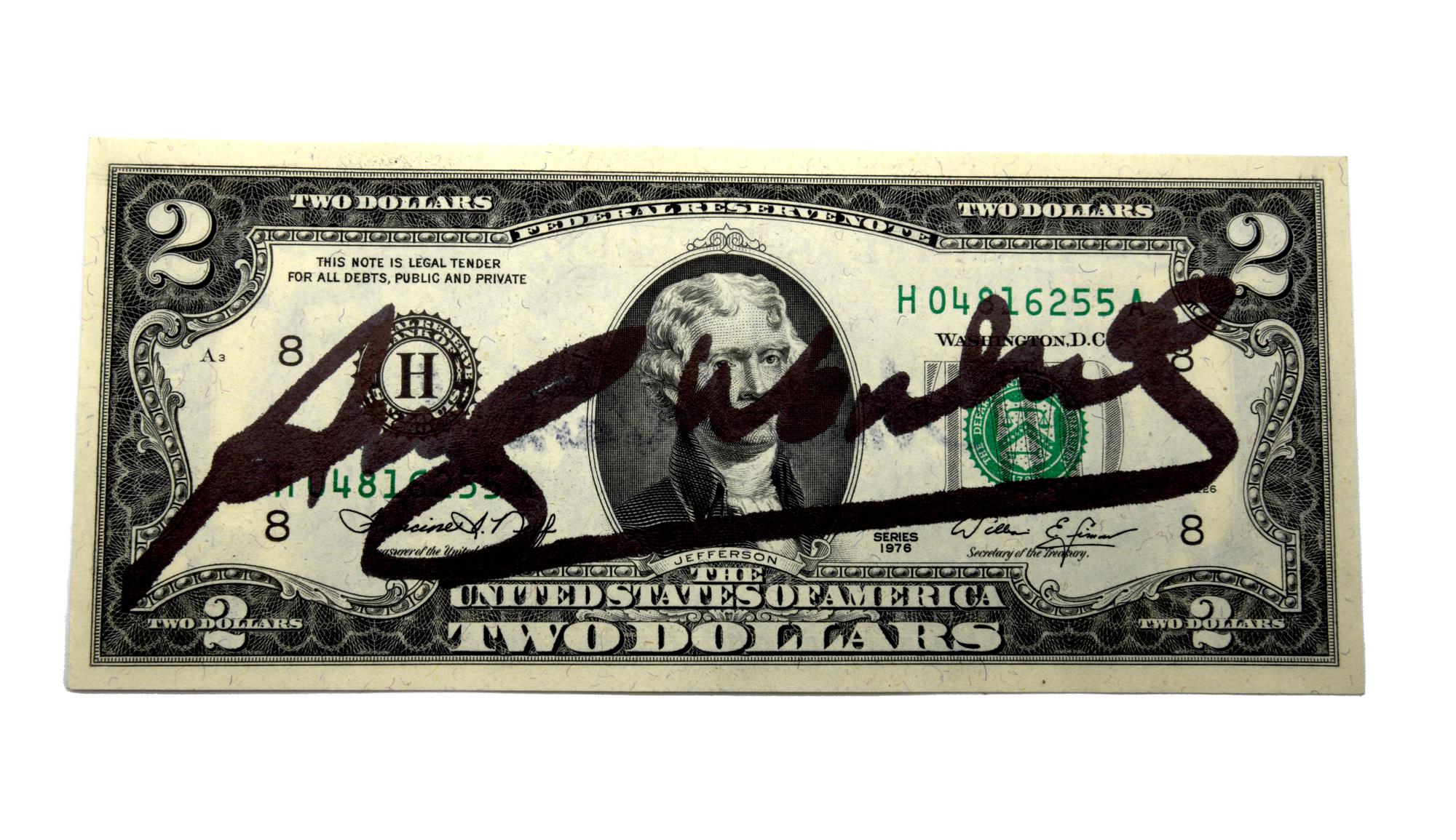 Andy Warhol TWO DOLLARS BILL (Thomas Jefferson) intervento su banconota, cm...