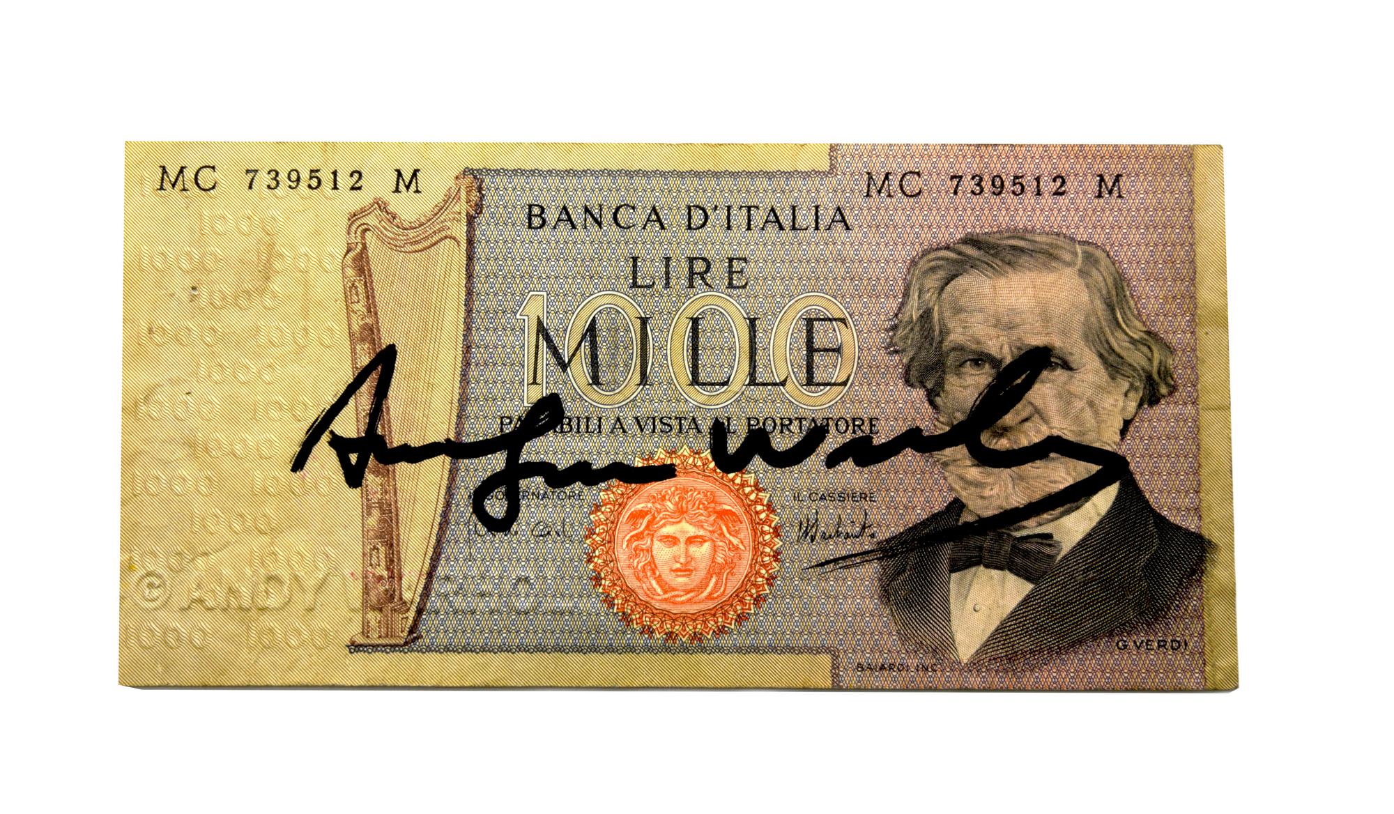 Andy Warhol MILLE LIRE pennafeltro su banconota, cm 6x12,5 firma e timbro a...