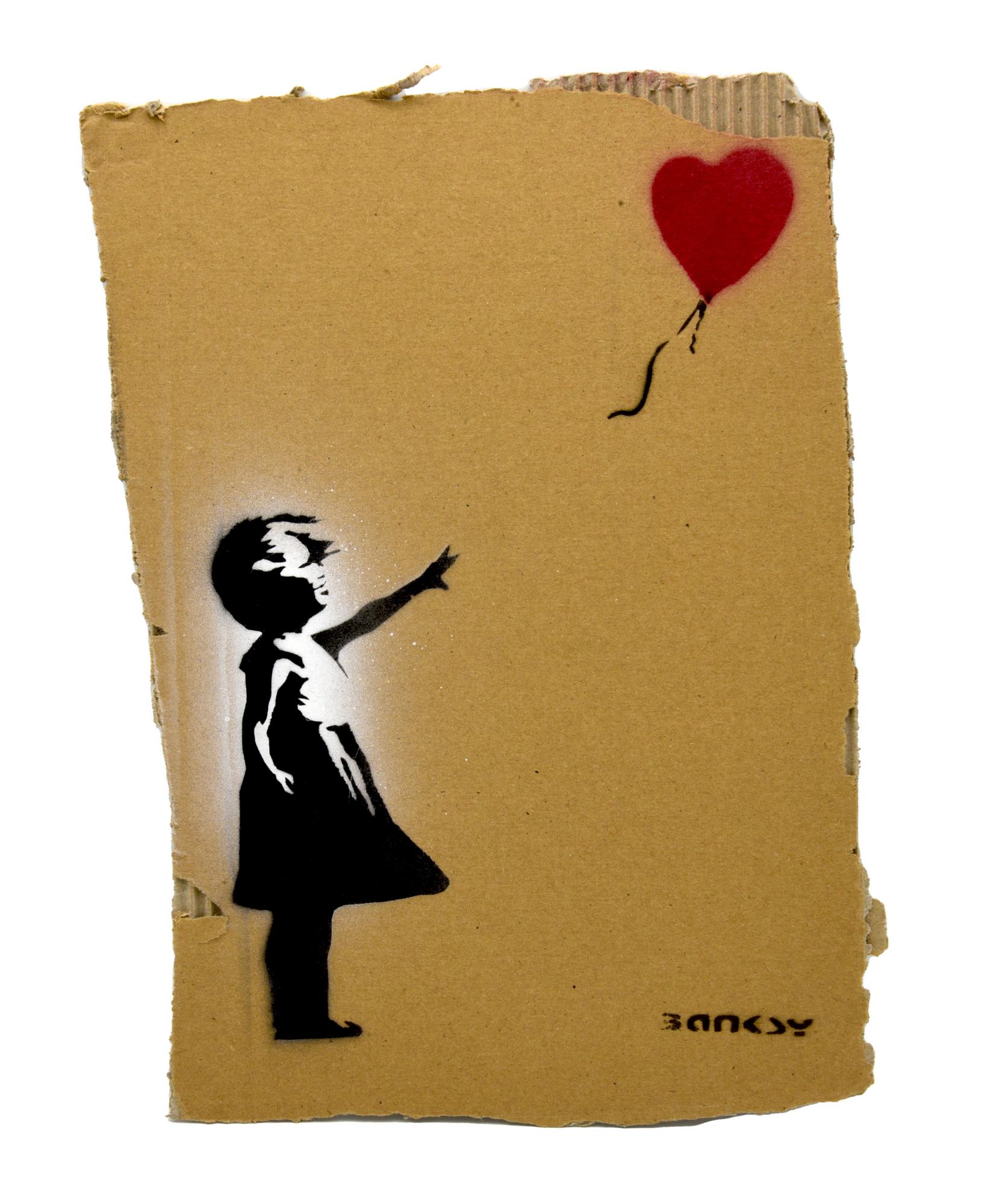 Banksy BALLOON GIRL sprayed stencil graffiti su cartone, cm 30x20,5 es. 4/50...