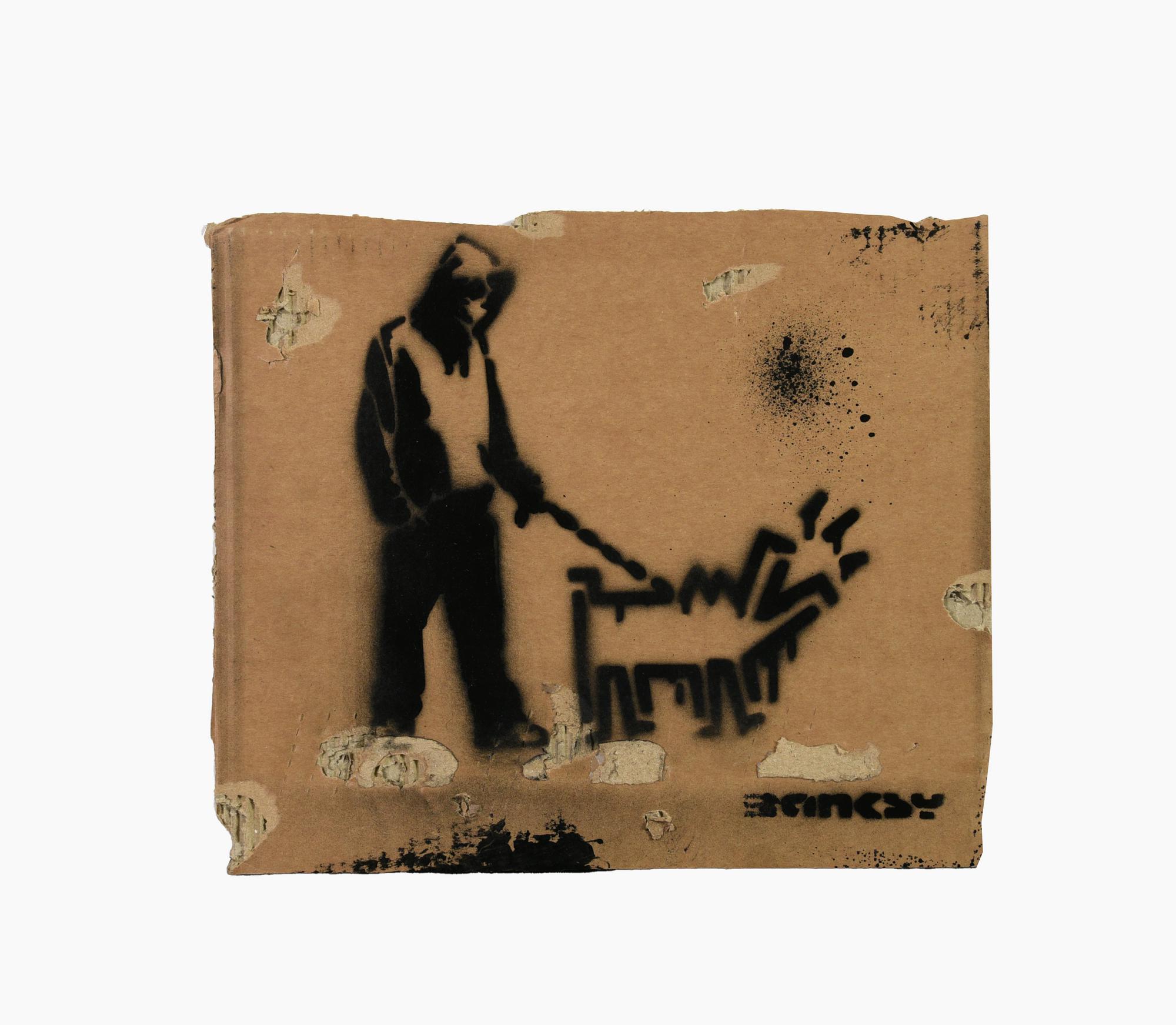 Banksy BARKING DOG (HARING) sprayed stencil graffiti su cartone, cm 25,5x30,5...