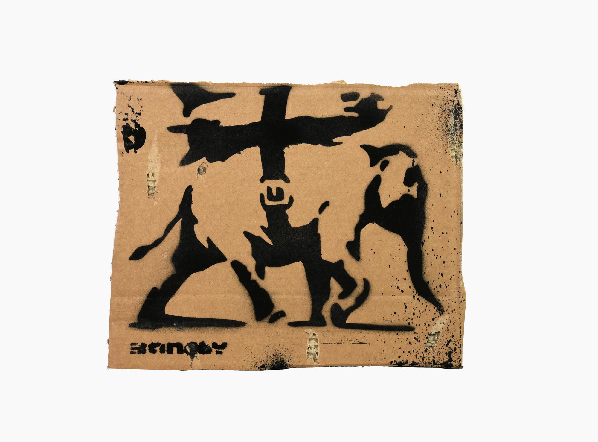Banksy ELEPHANT WITH BOMB sprayed stencil graffiti su cartone, cm 23x28 sul...