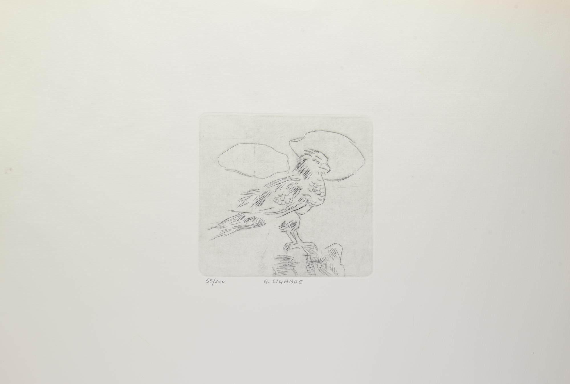Antonio Ligabue AQUILA puntasecca, cm 19x20; su foglio, cm 50x70; es. 55/100...