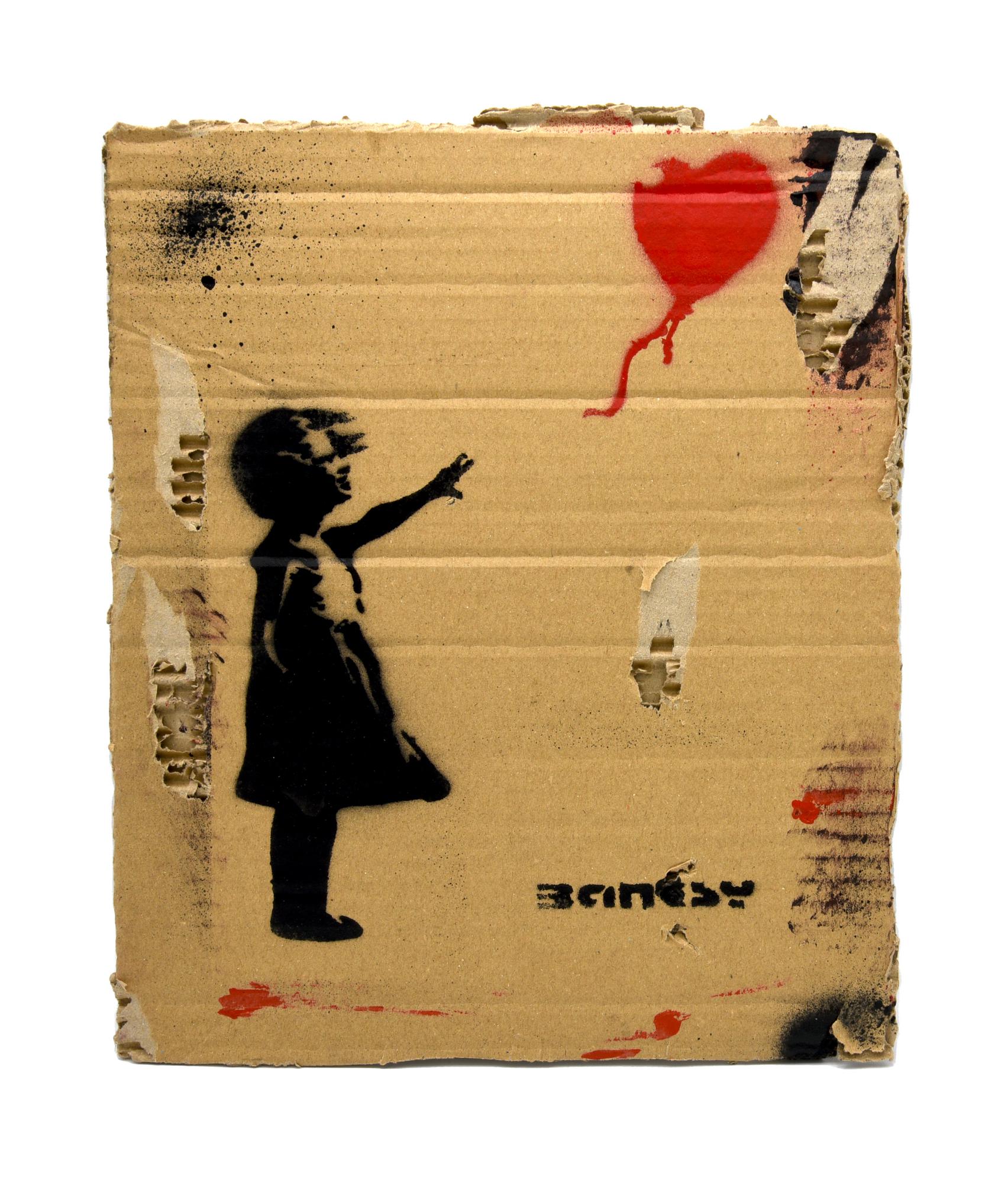 Banksy BALLOON GIRL sprayed stencil graffiti su cartone, cm 34x28 sul retro:...