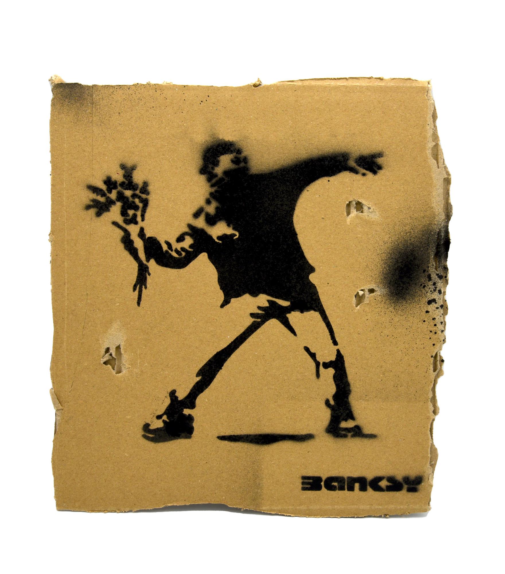 Banksy FLOWER THROWER sprayed stencil graffiti su cartone, cm 28x5 sul retro:...