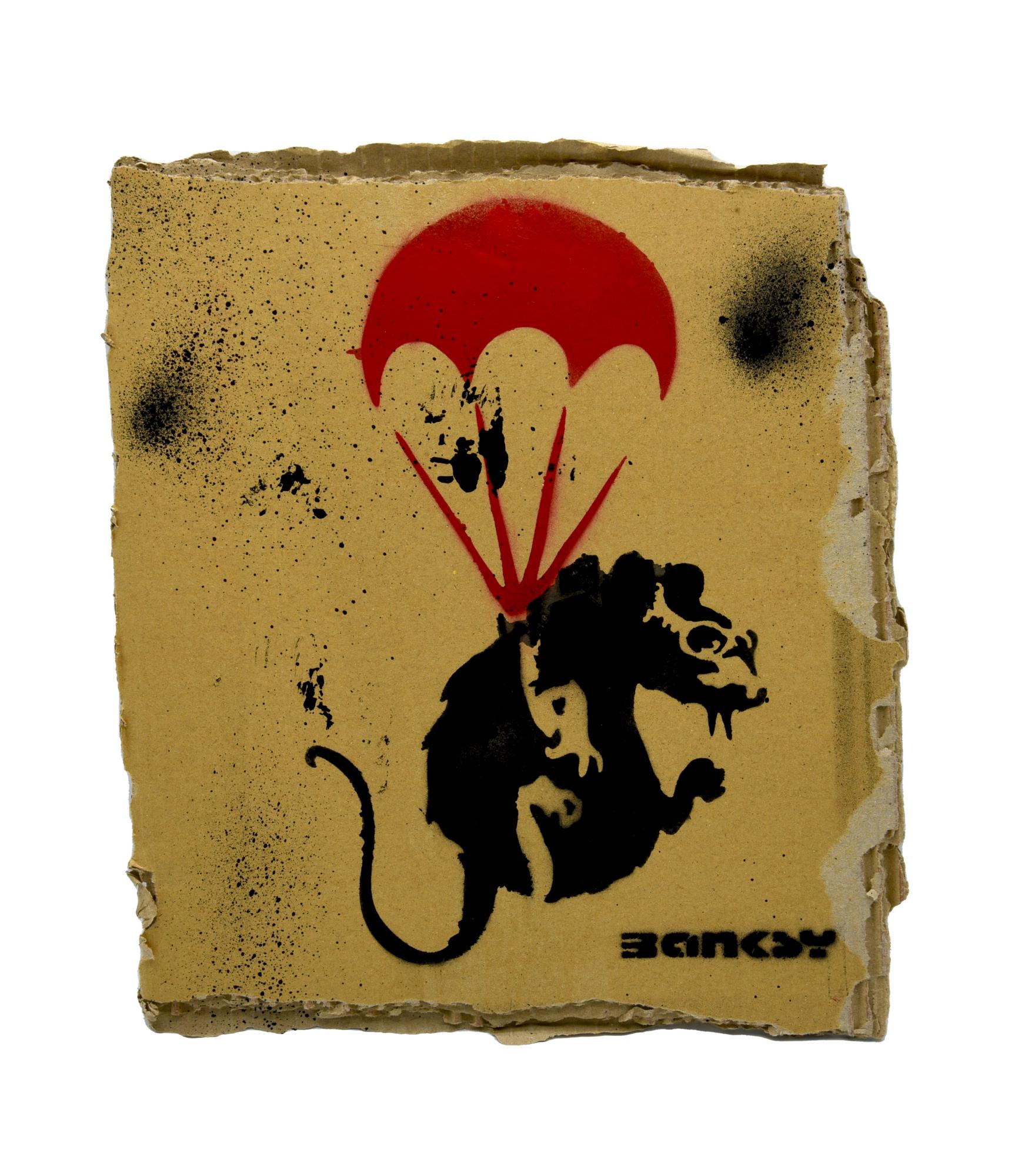 Banksy PARACHUTE RAT sprayed stencil graffiti su cartone, cm 32,5x27,5 sul...