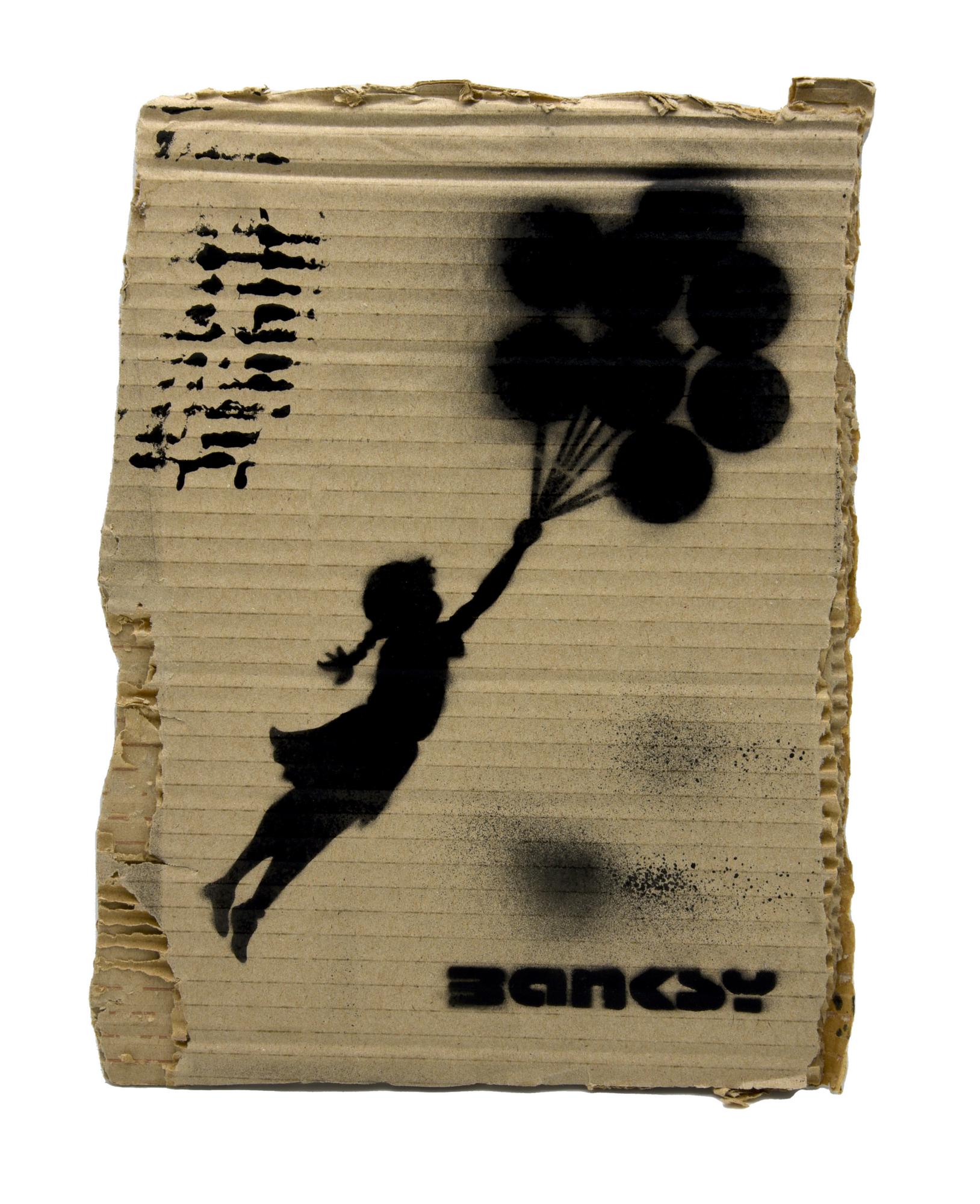 Banksy FLYING BALLOON GIRL sprayed stencil graffiti su cartone, cm 31x24 sul...