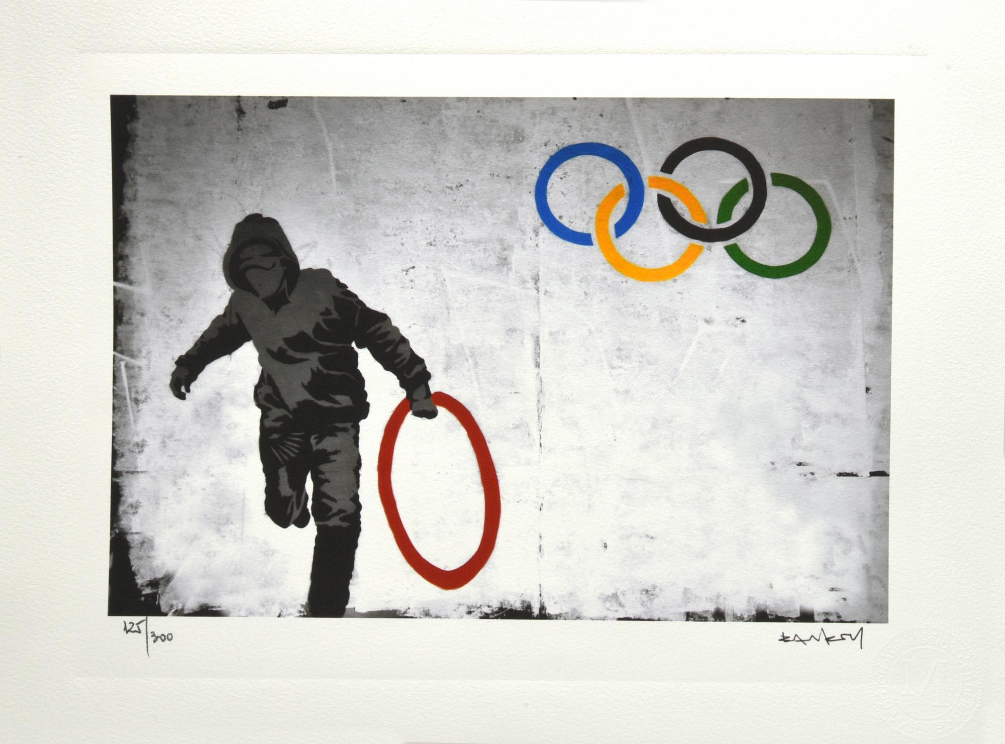 Da Banksy OLYMPIC RINGS eliografia, cm 28,5x38; es. 125/300 firma in lastra,...