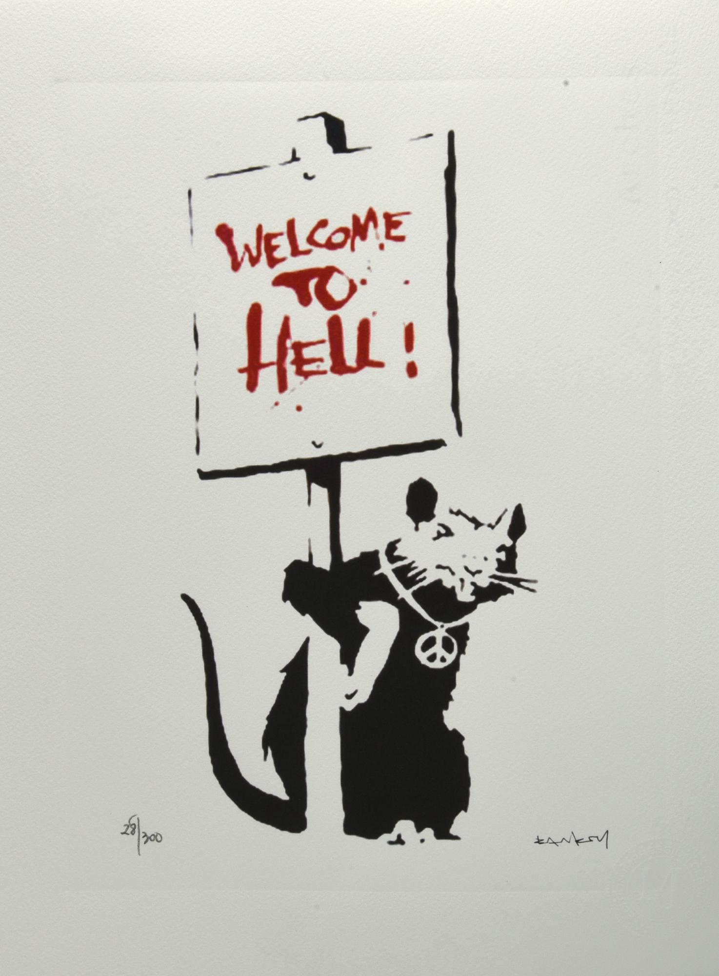Da Banksy WELCOME TO HELL eliografia su carta Arches, cm 38,5x28,5; es....