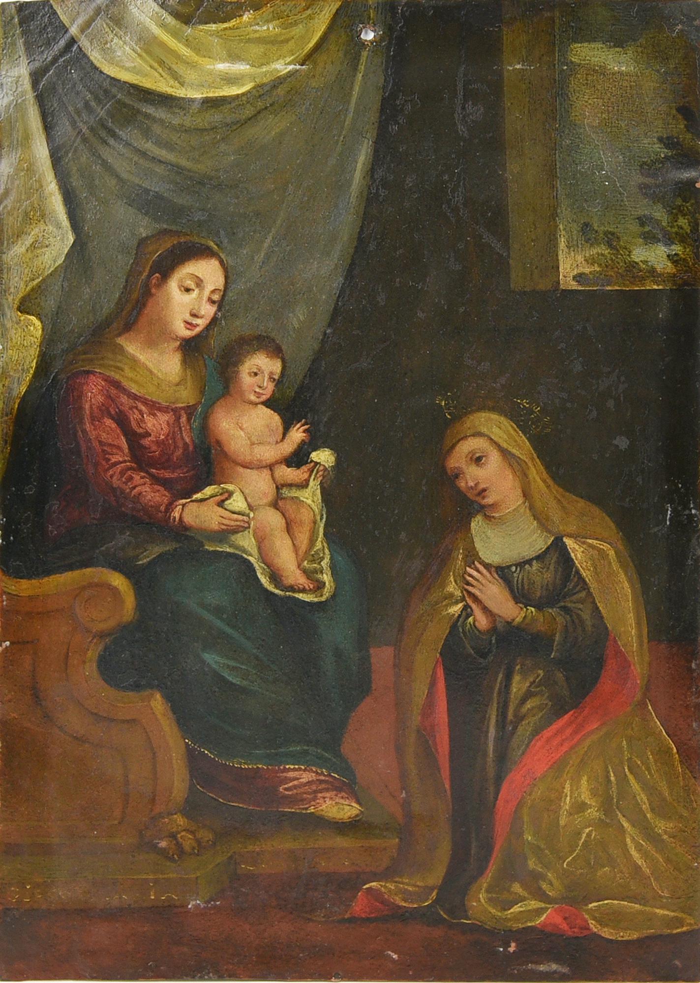 Scuola Italiana del XVI ADORAZIONE DI SANT'ANNA olio su rame, cm 28x19,5