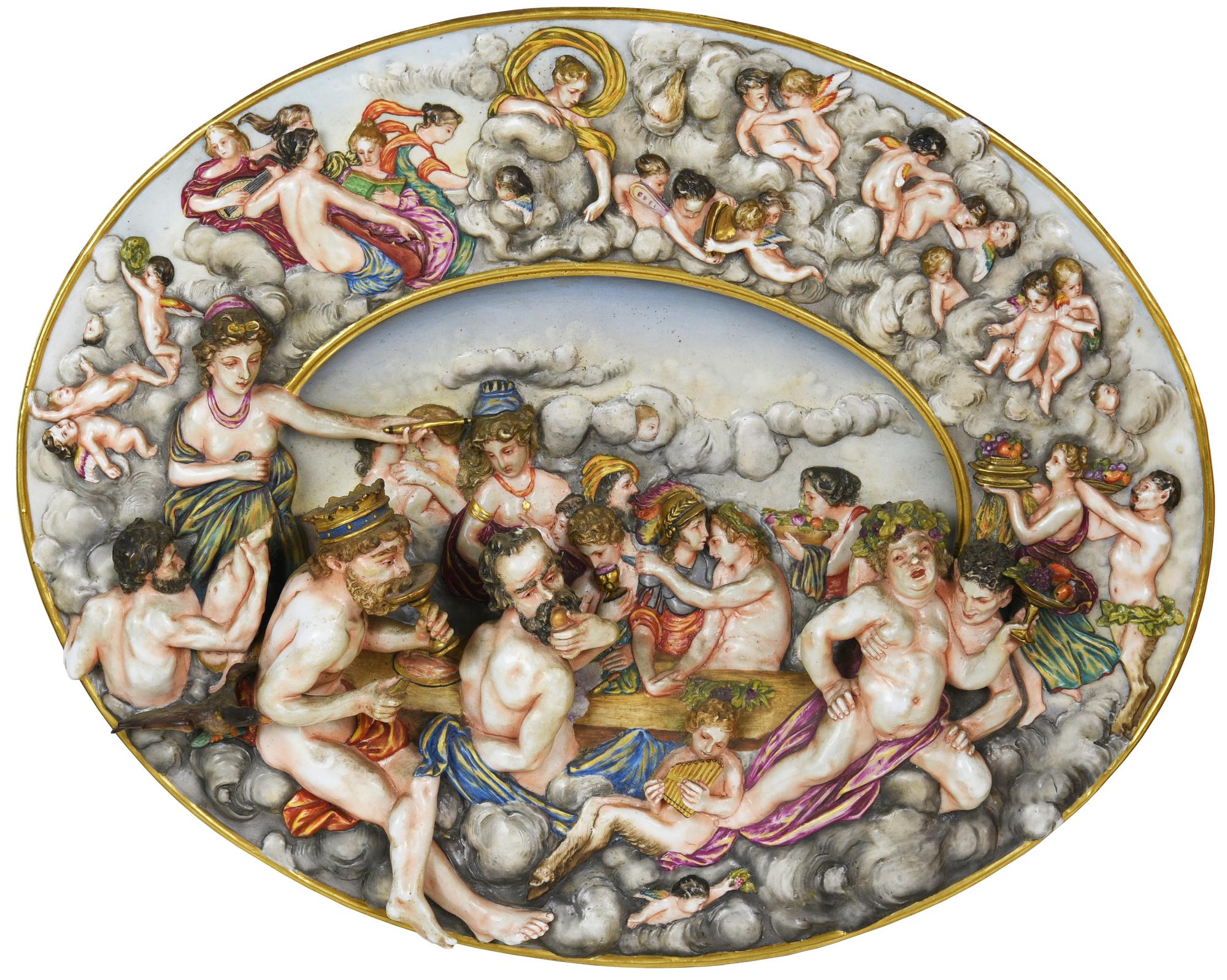 Scuola del XIX secolo BANCHETTO DEGLI DEI ceramica invetriata, cm 35x45,5x6...