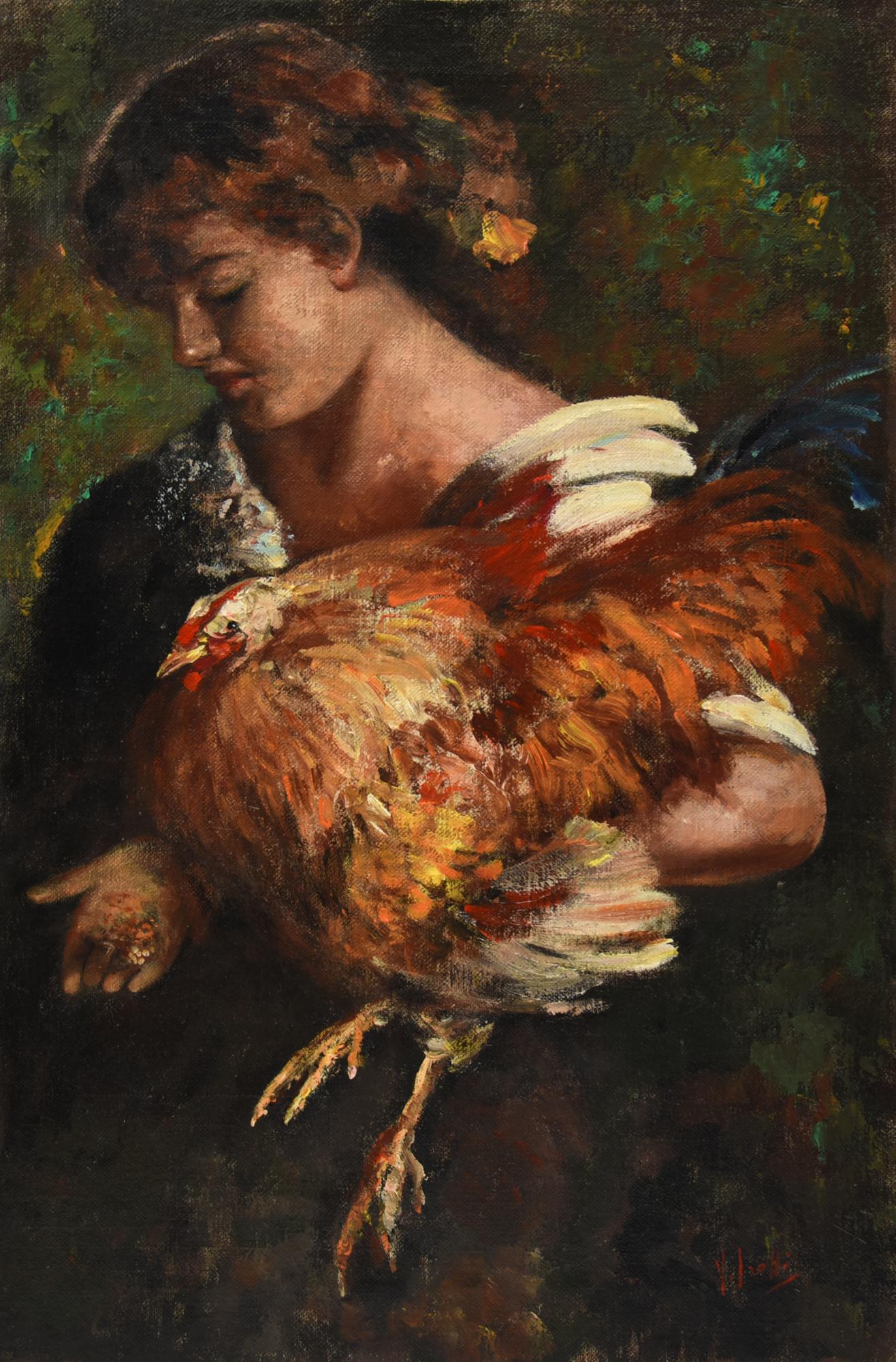 a firma Vincenzo Irolli FANCIULLA CON GALLINA olio su tela, cm 90x60 firma...