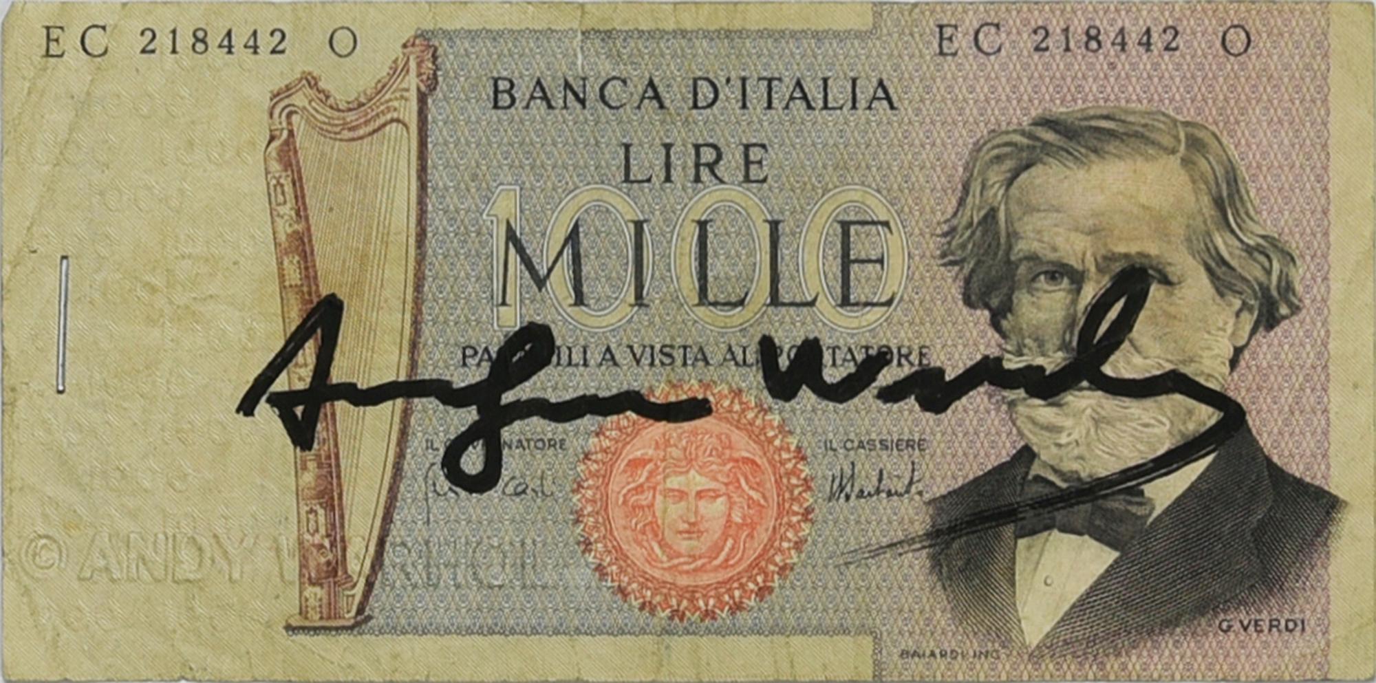 Andy Warhol MILLE LIRE pennafeltro su banconota, cm 6x12,5 firma e timbro a...