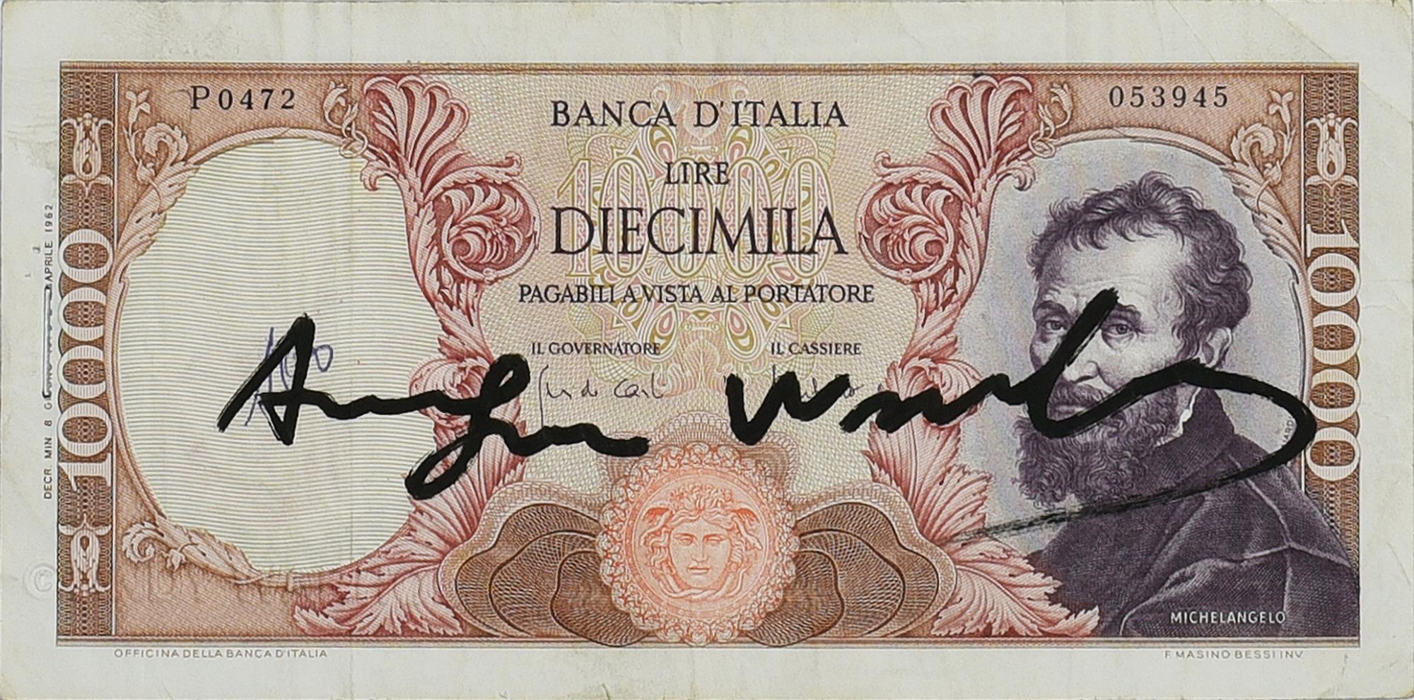 Andy Warhol DIECIMILA LIRE pennafeltro su banconota, cm 8x16 firma e timbro a...
