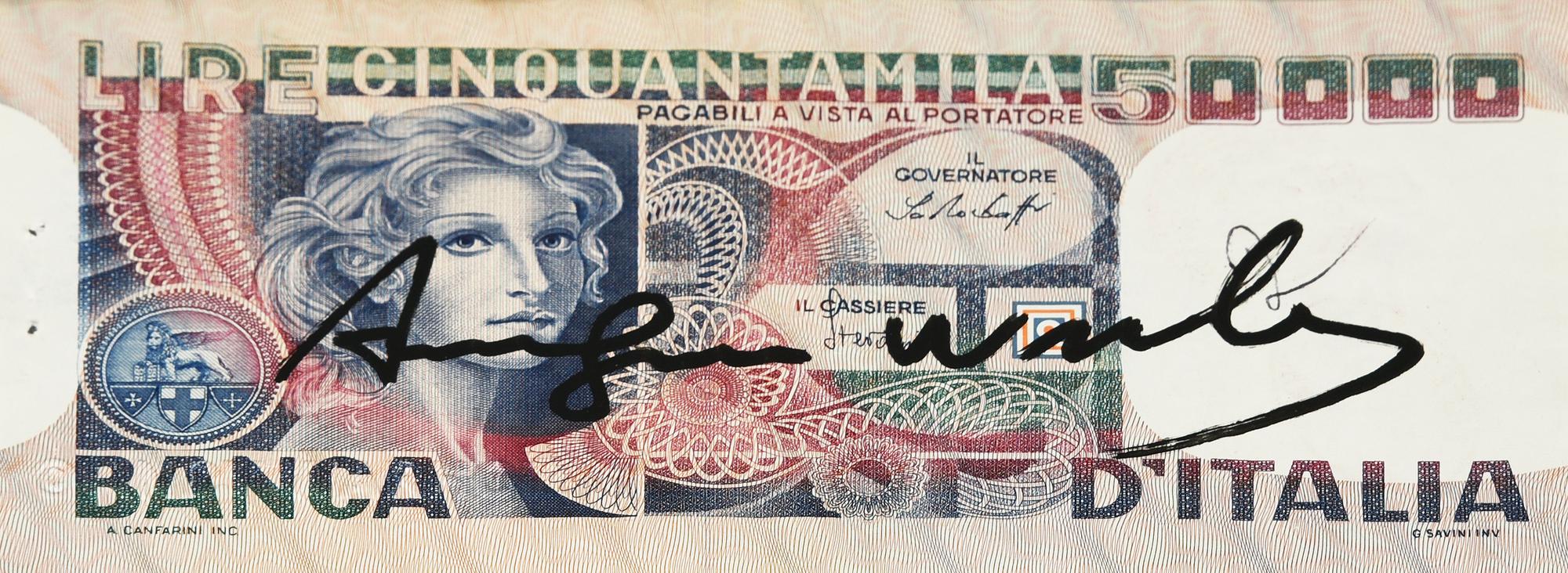 Andy Warhol CINQUANTAMILA LIRE pennafeltro su banconota, cm 7x15 firma e timbro...