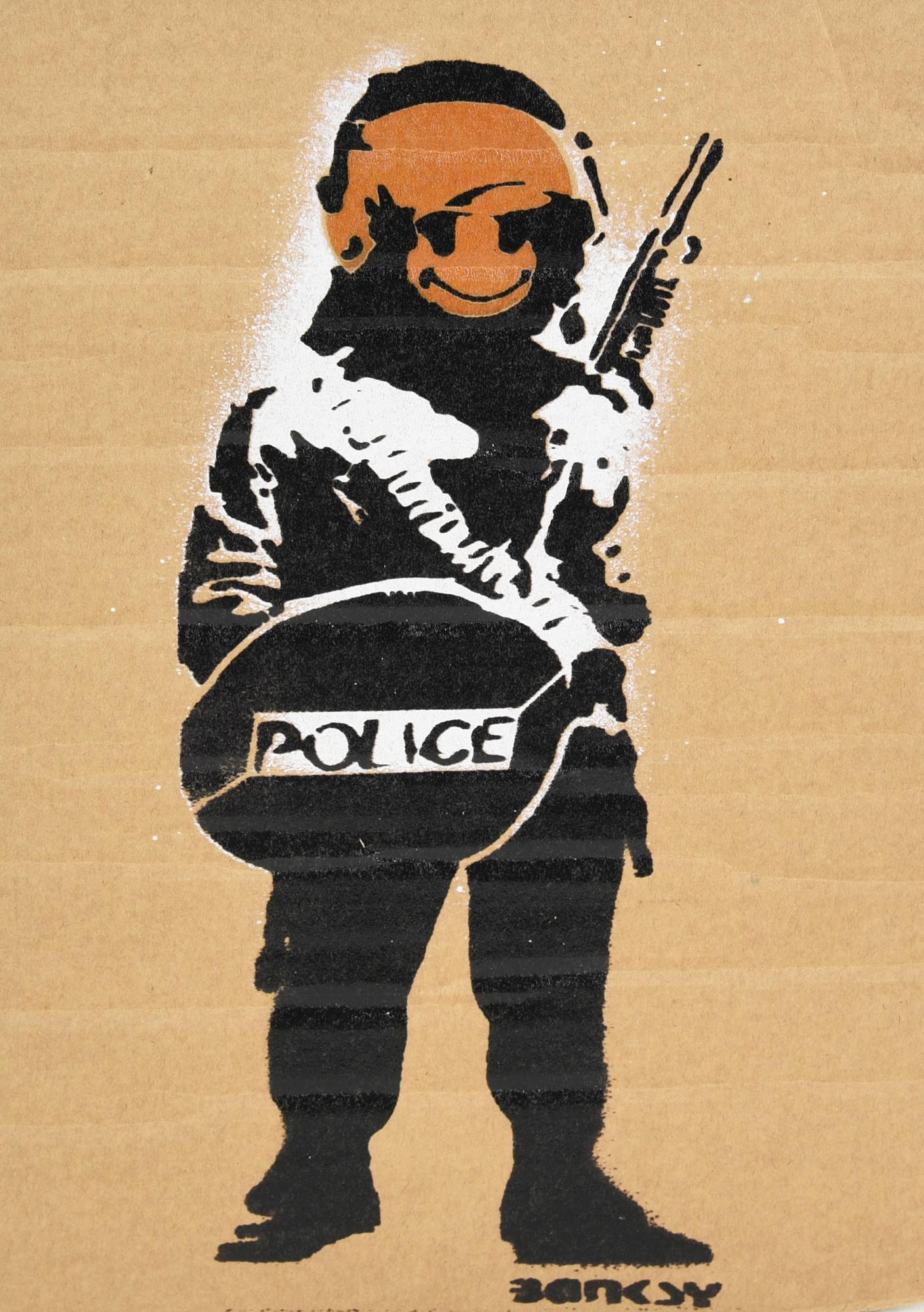 Banksy SMILE COPPER sprayed stencil graffiti su cartone, cm 29,5x21; es....
