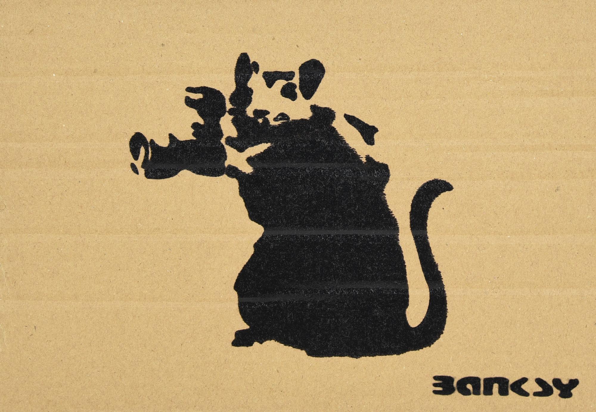 Banksy PAPARAZZI RAT sprayed stencil graffiti su cartone, cm 21x30; es. 15/50...