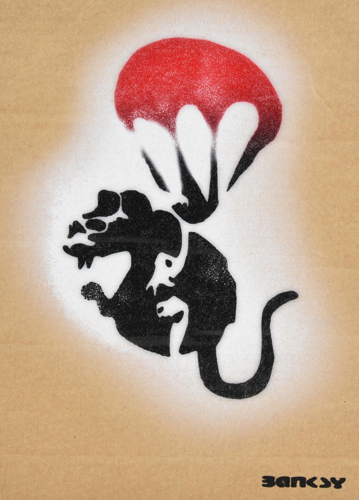 Banksy PARACHUTE RAT sprayed stencil graffiti su cartone, cm 29,5x31; es....