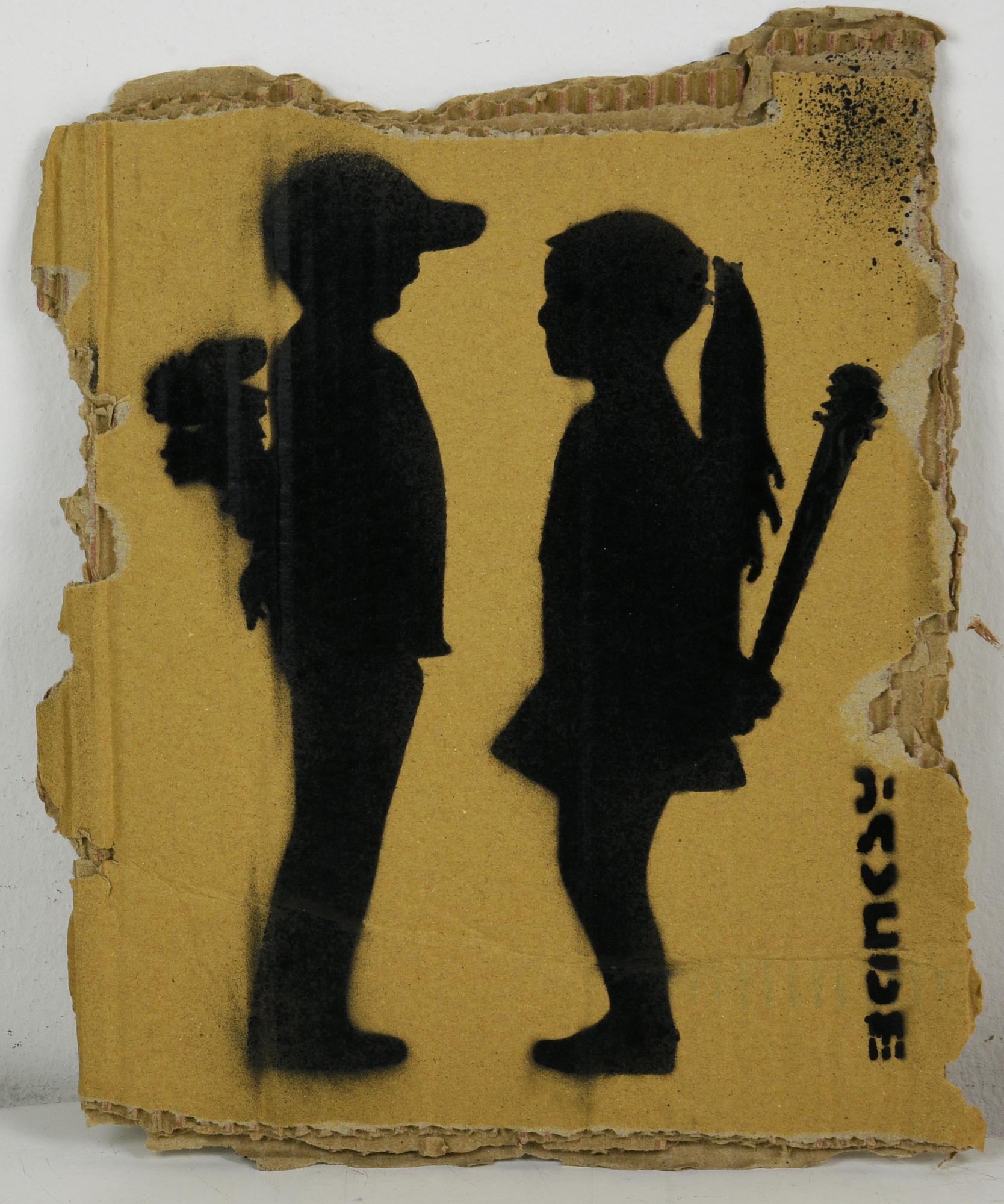 Banksy BOY MEETS GIRL sprayed stencil graffiti su cartone, cm 30x24 sul...