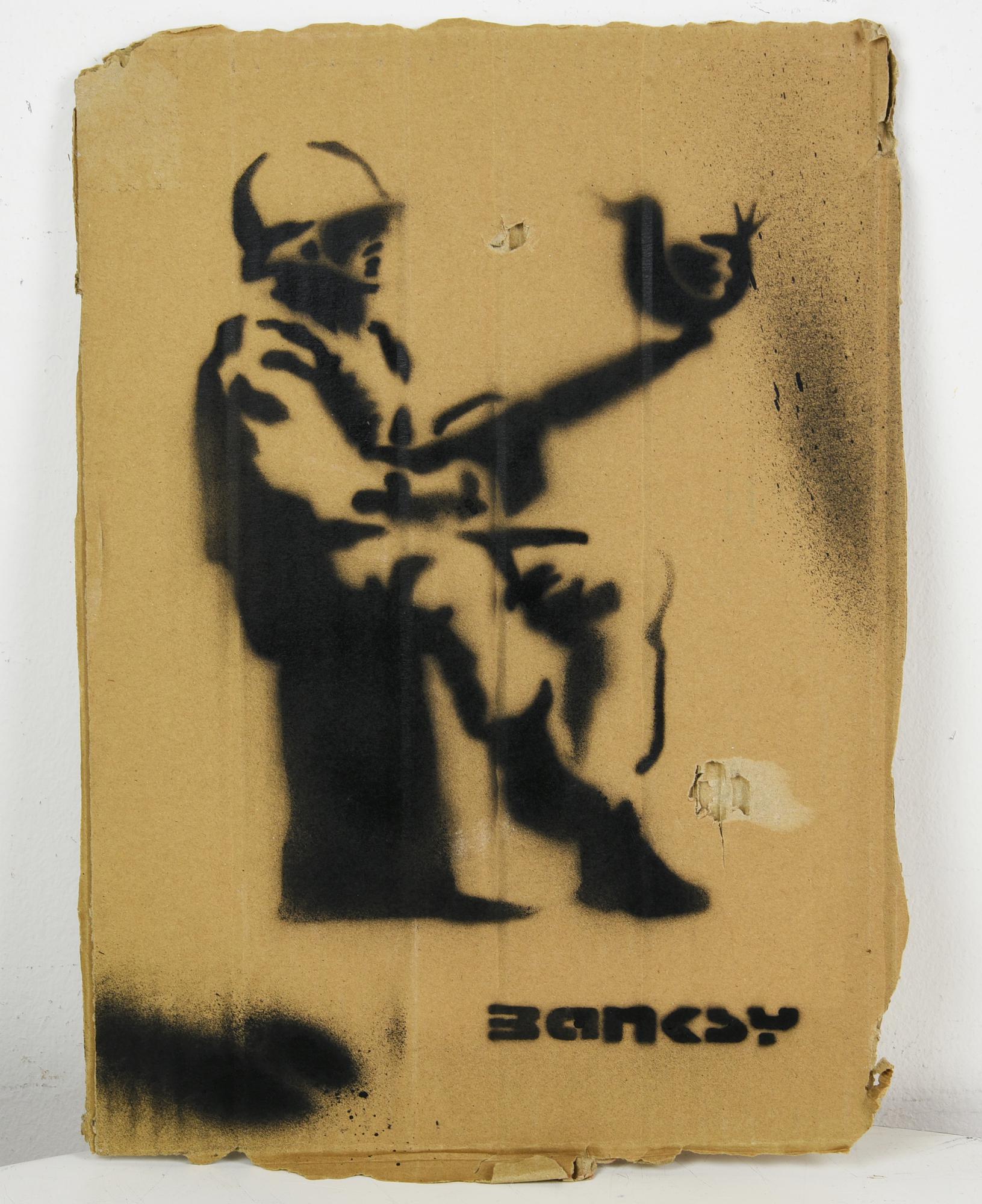 Banksy SOLDIER OF PEACE sprayed stencil graffiti su cartone, cm 40x27 sul...