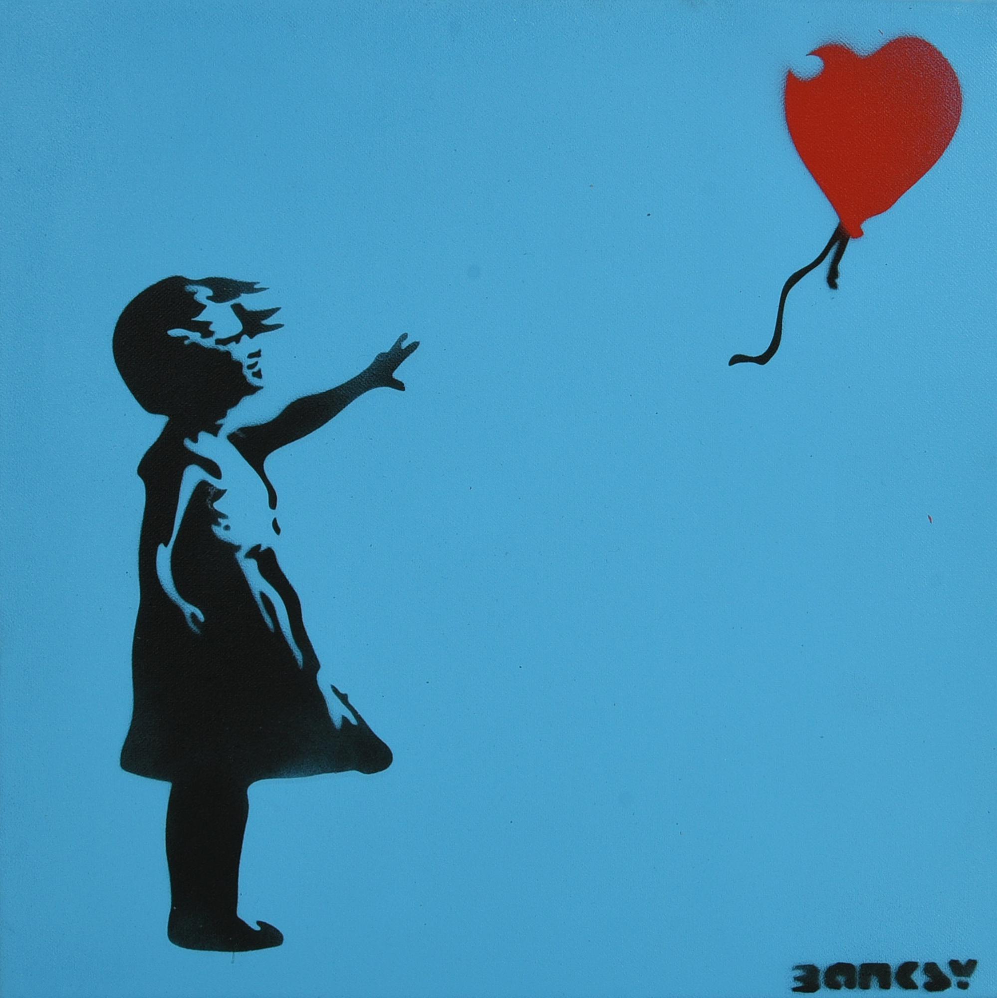 Banksy GIRL WITH A BALLOON BLUE spray stencil su tela, cm 40x40; es. 8/50 sul...