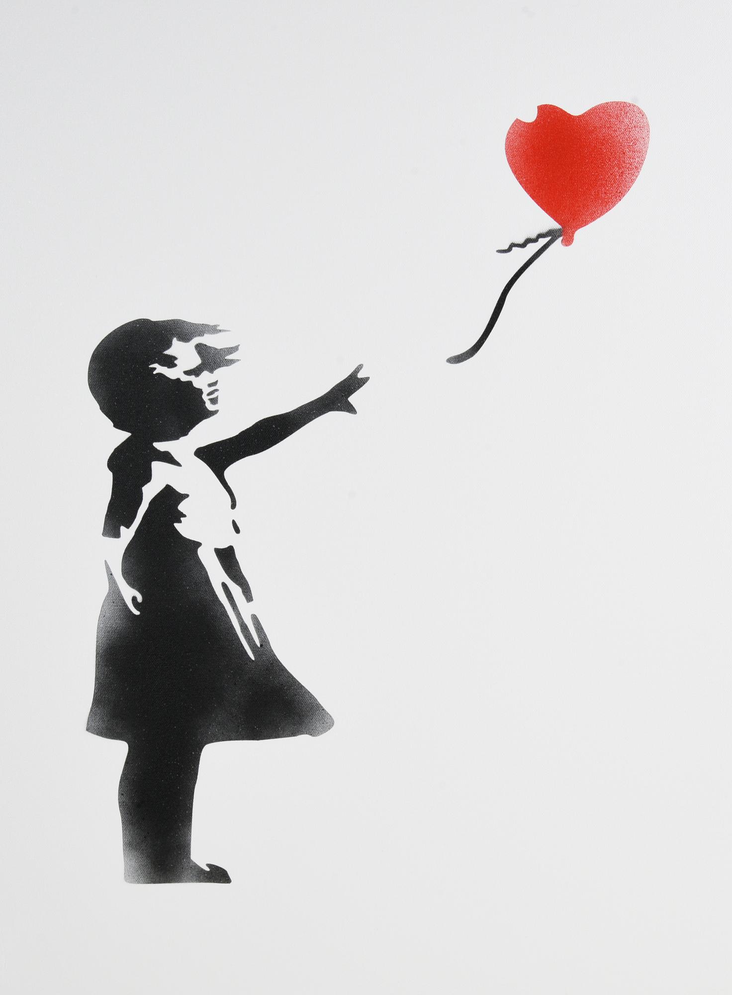 Banksy GIRL WITH A BALLOON spray stencil su tela, cm 70x50; es. 1/50 sul...