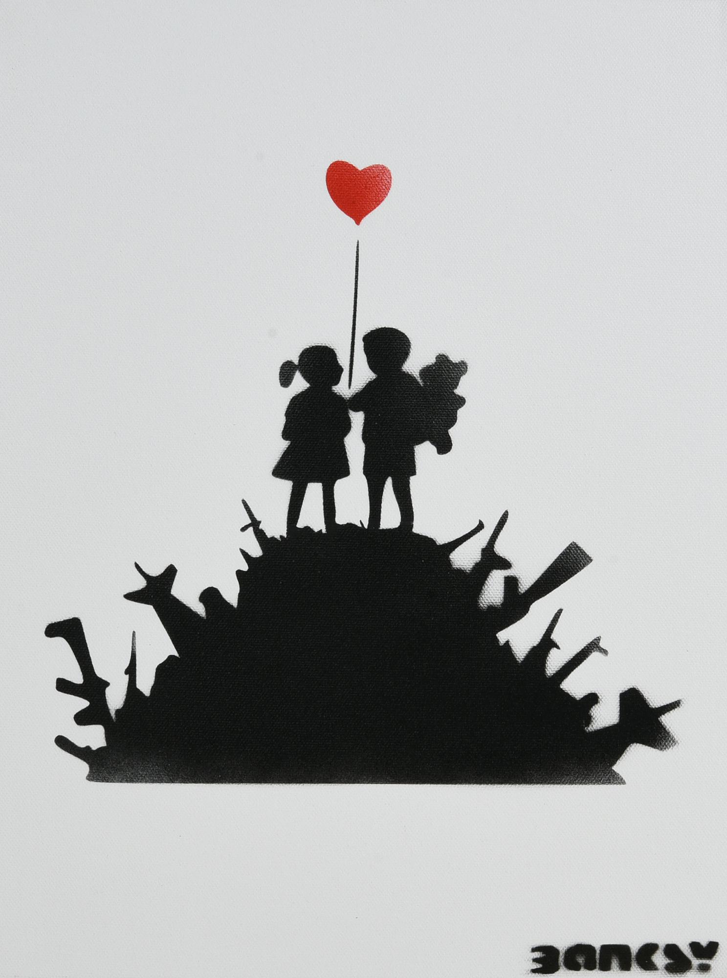 Banksy KIDS ON GUN spray stencil su tela, cm 40x30; es. 1/50 sul retro:...