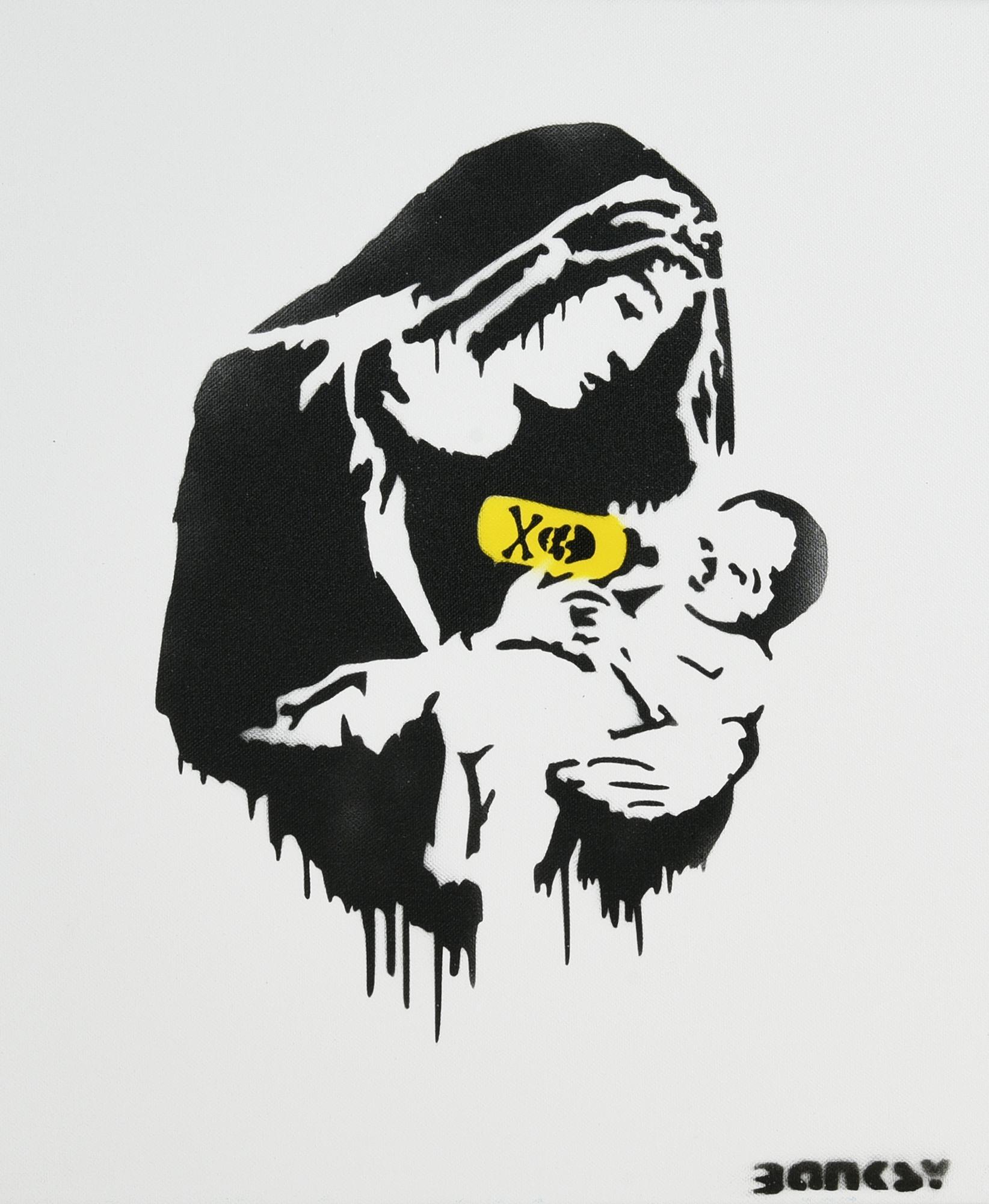 Banksy VIRGIN MARY spray stencil su tela, cm 46x38; es. 1/20 sul retro:...