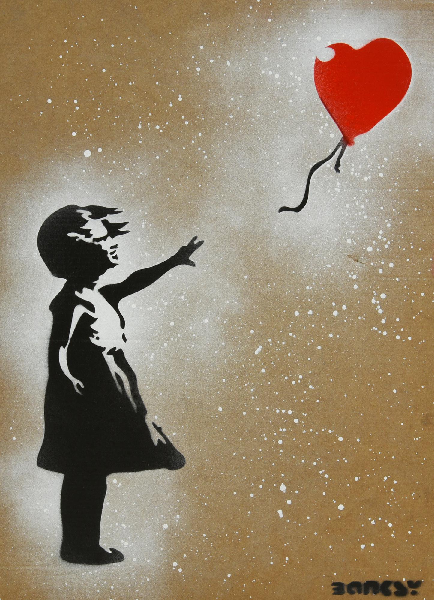 Banksy GIRL WITH A BALLOON sprayed stencil graffiti su cartone, cm 45x32; es....