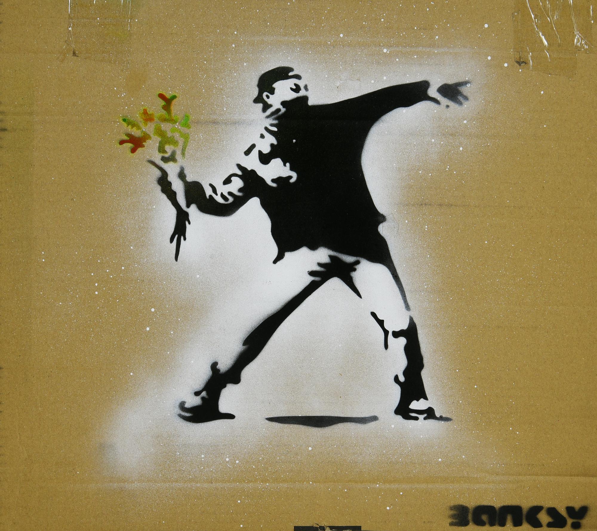 Banksy LOVE IS IN THE AIR sprayed stencil graffiti su cartone, cm 40,5x46;...