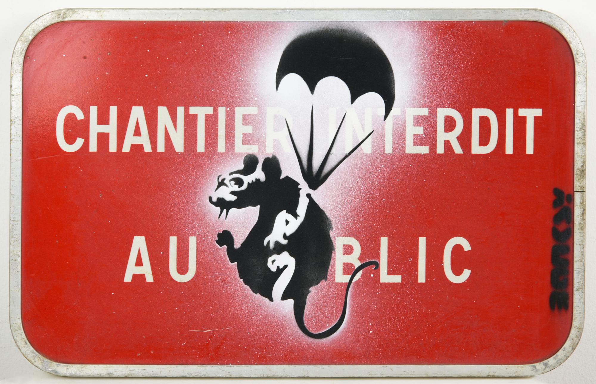 Da Banksy RAT PARACHUTE stencil print su cartello stradale, cm 32x53x3 firma...