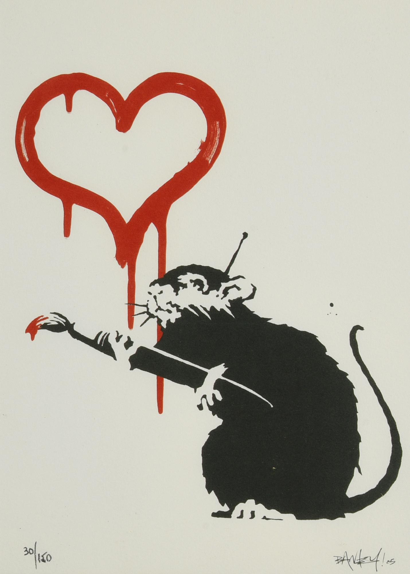 Banksy RAT HEART COLOR eliografia, cm 38x28,5; es. 30/150 firma in lastra,...