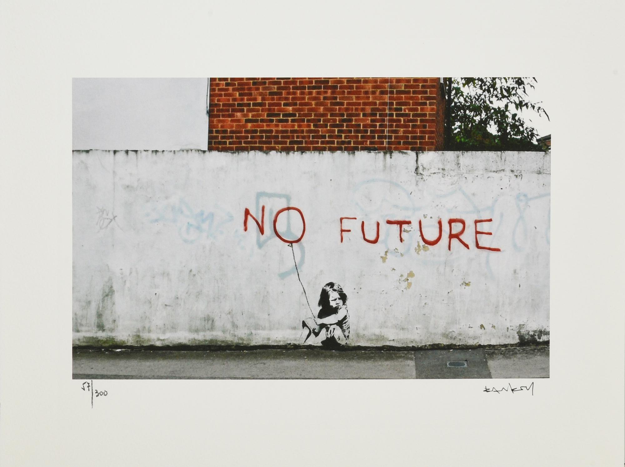 Da Banksy NO FUTURE eliografia su carta Arches, cm 28,5x38; es. 57/300 firma...