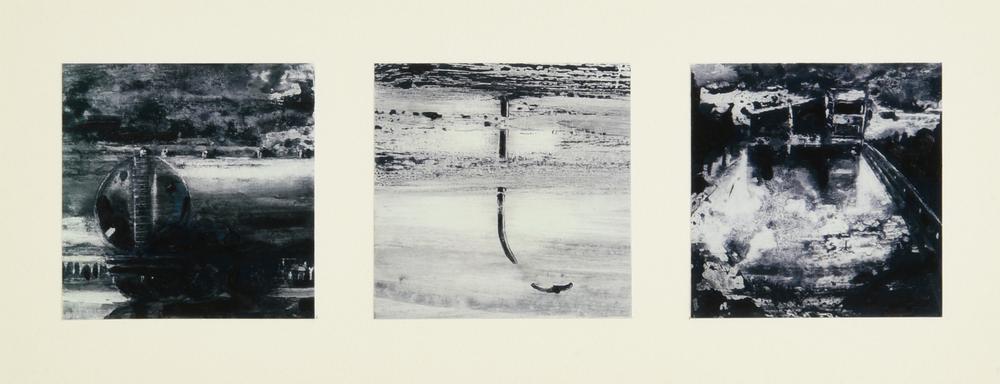 Alessandro Busci, (1971) TRITTICO olio e smalto su carta, cm 12,5x32 sul...