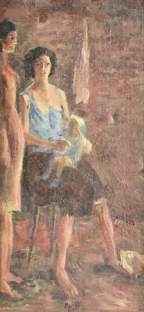 Gabriele Mucchi, (1899 - 2002) MATERNITA' olio su tela, cm 50,5x24,5 firma e...