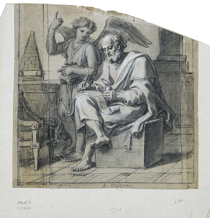 Francois Verdier (1651 - 1730) SAN MATTEO E L'ANGELO matita e biacca su carta...
