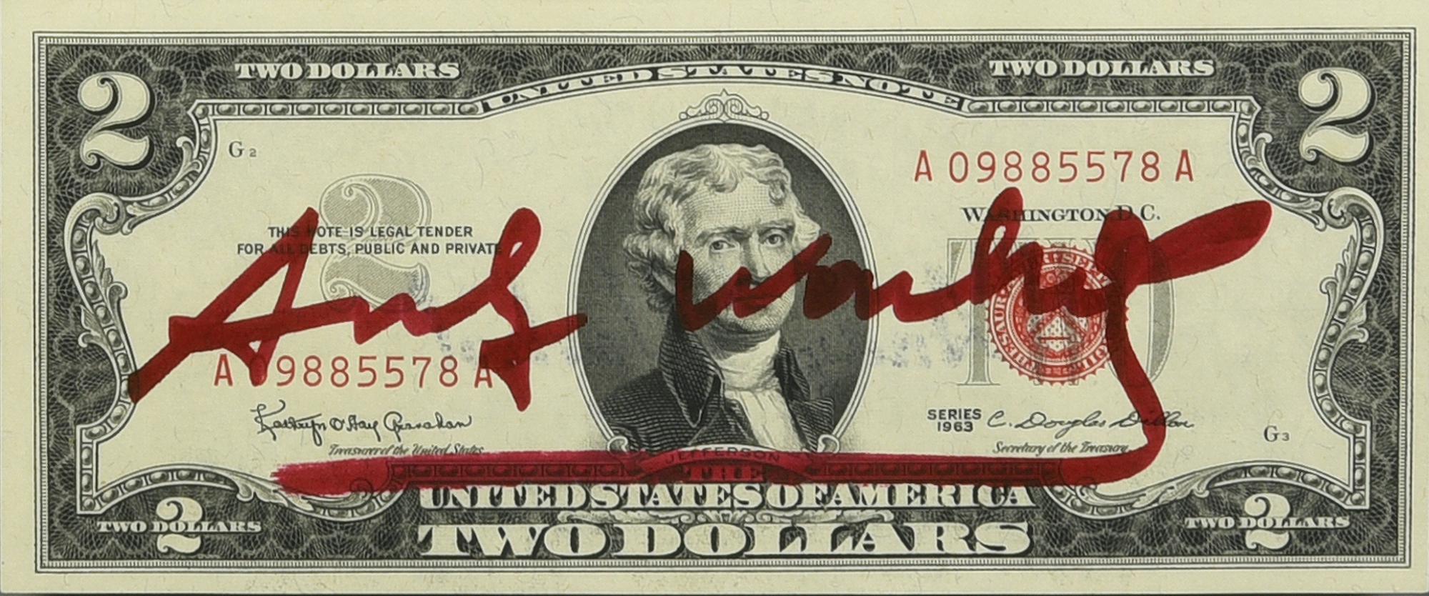 Andy Warhol (1928 - 1987) TWO DOLLARS BILL (Thomas Jefferson) intervento su...