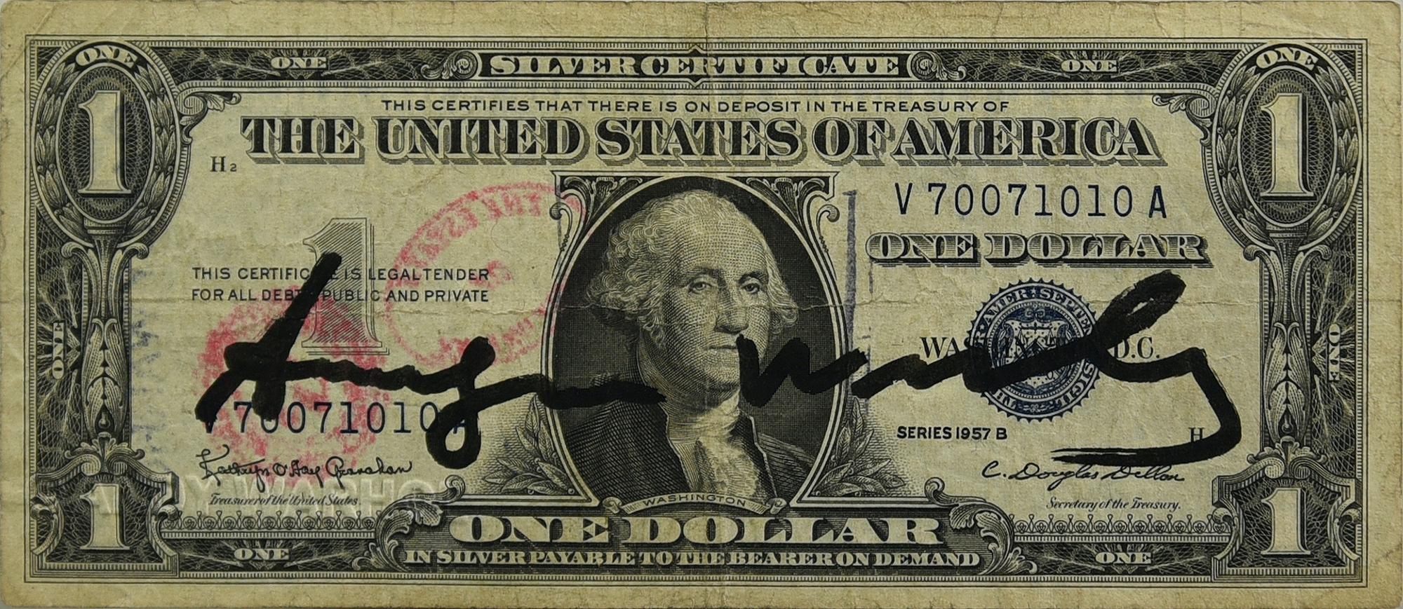 Andy Warhol (1928 - 1987) ONE DOLLAR pennafeltro su banconota, cm 6,5x15,5...