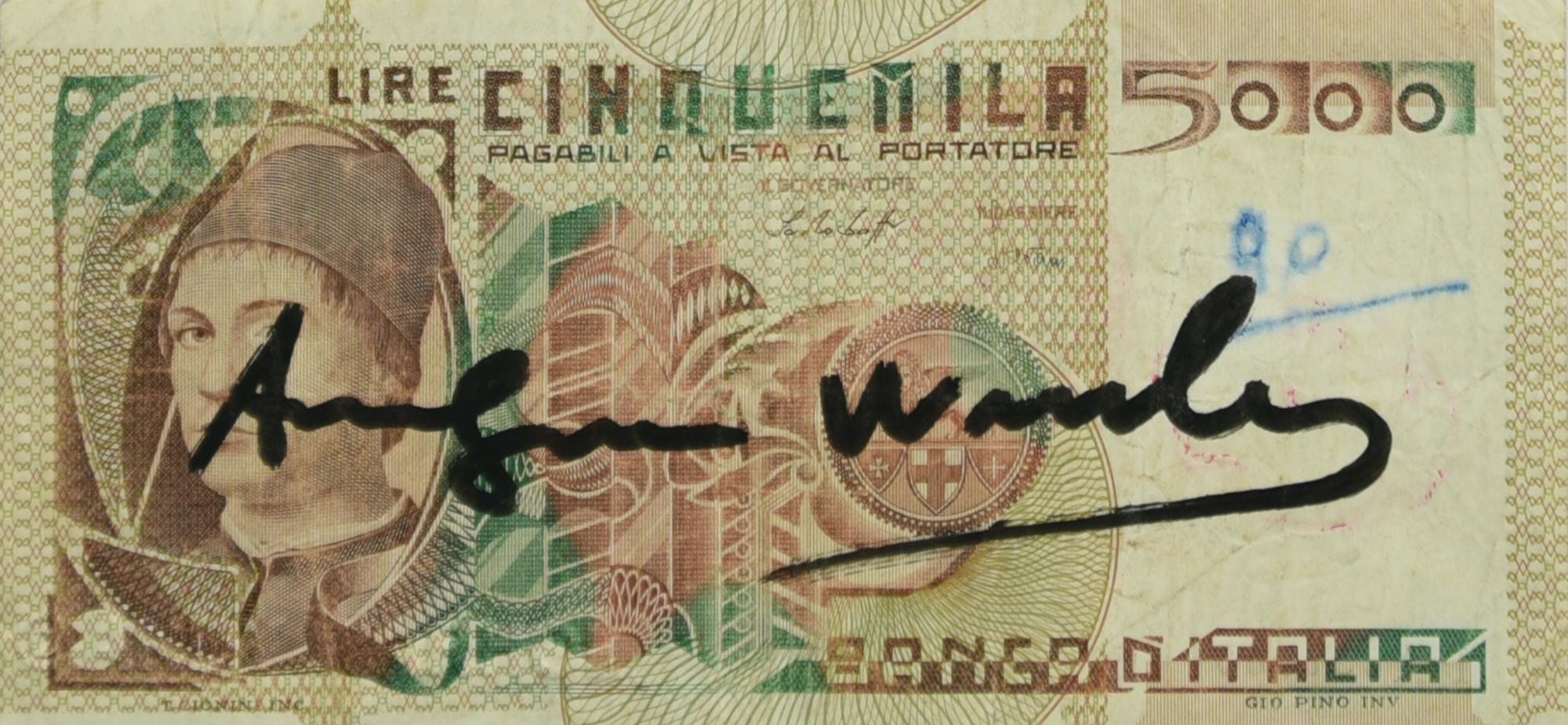 Andy Warhol (1928 - 1987) CINQUEMILA LIRE pennafeltro su banconota, cm 6x12,5...