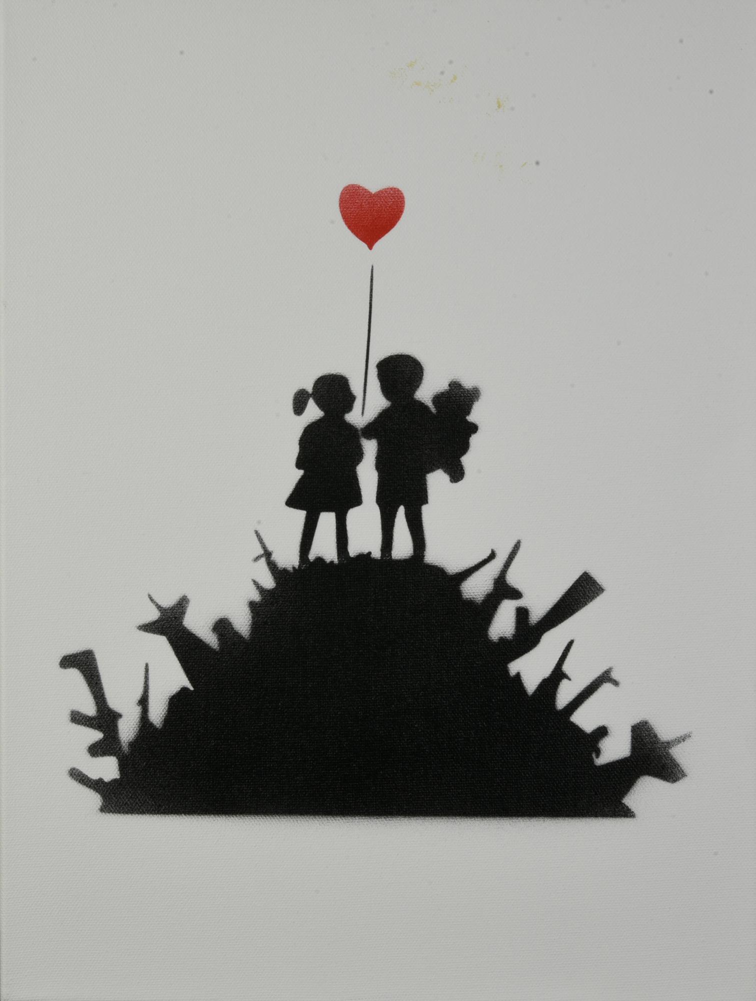 Banksy (1974) KIDS ON GUNS spray stencil su tela, cm 40x30x4; es. 4/50 firma...