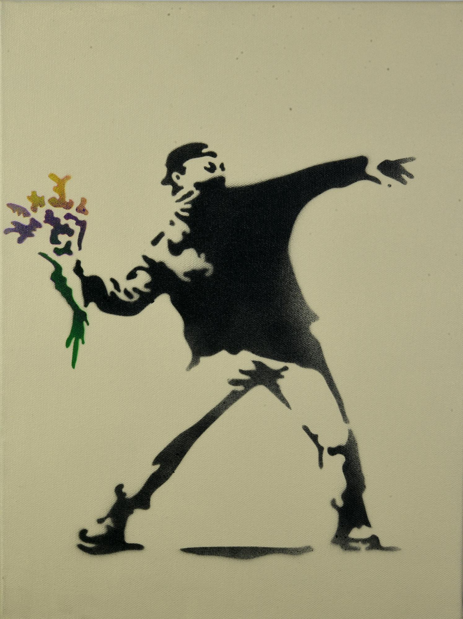 Banksy (1974) LOVE IS IN THE AIR spray stencil su tela, cm 40x30x4; es. 48/50...