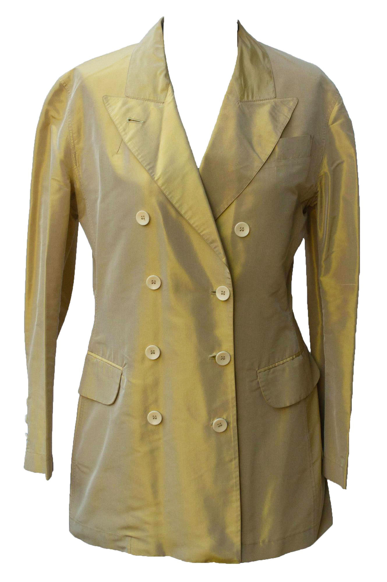 Paul Gaultier TAFFETA' DB JACKET Description: Iridescent silk yellow/grey...