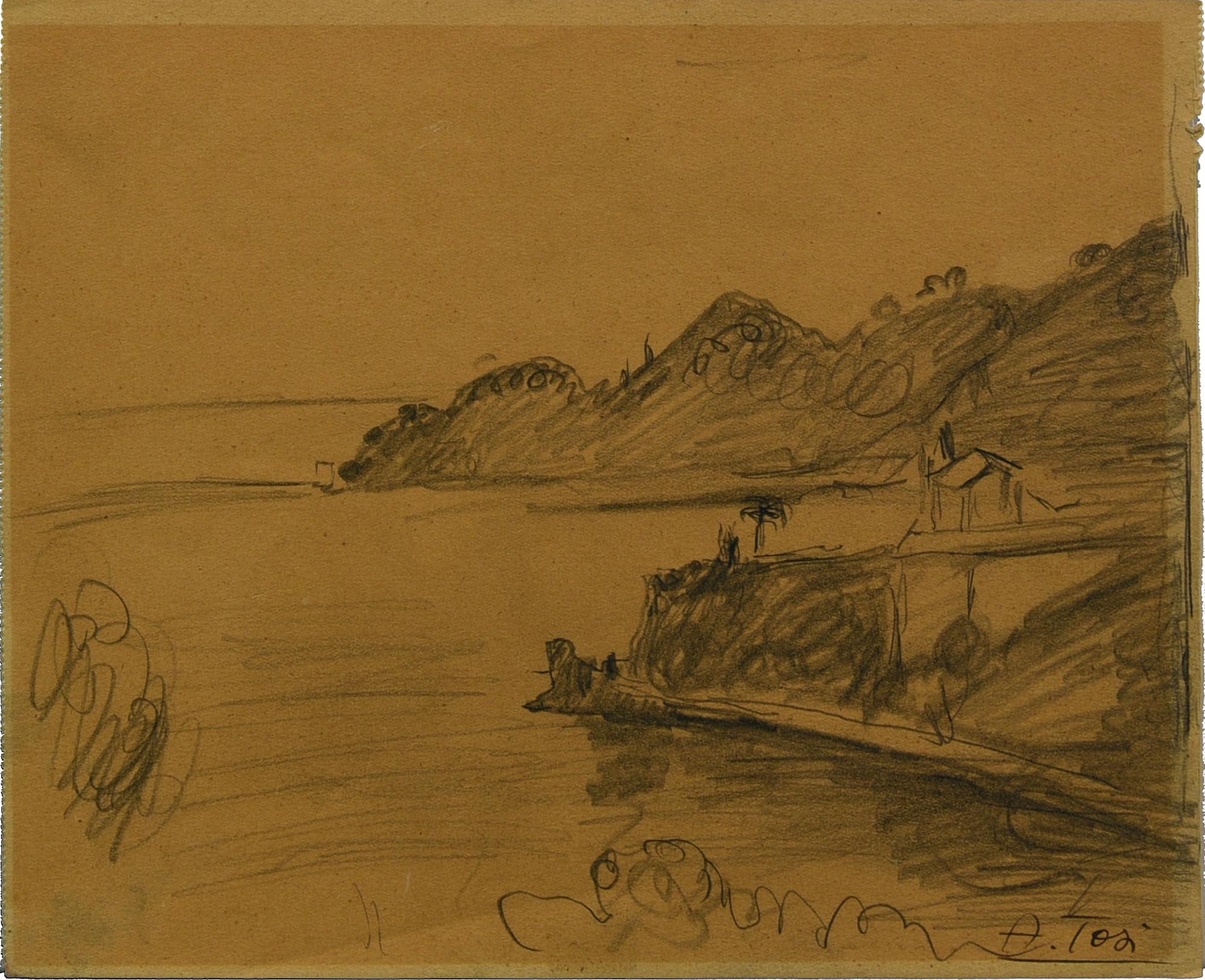 Arturo Tosi (1871 - 1956) PAESAGGIO CON LAGO matita su carta, cm 21x25 firma