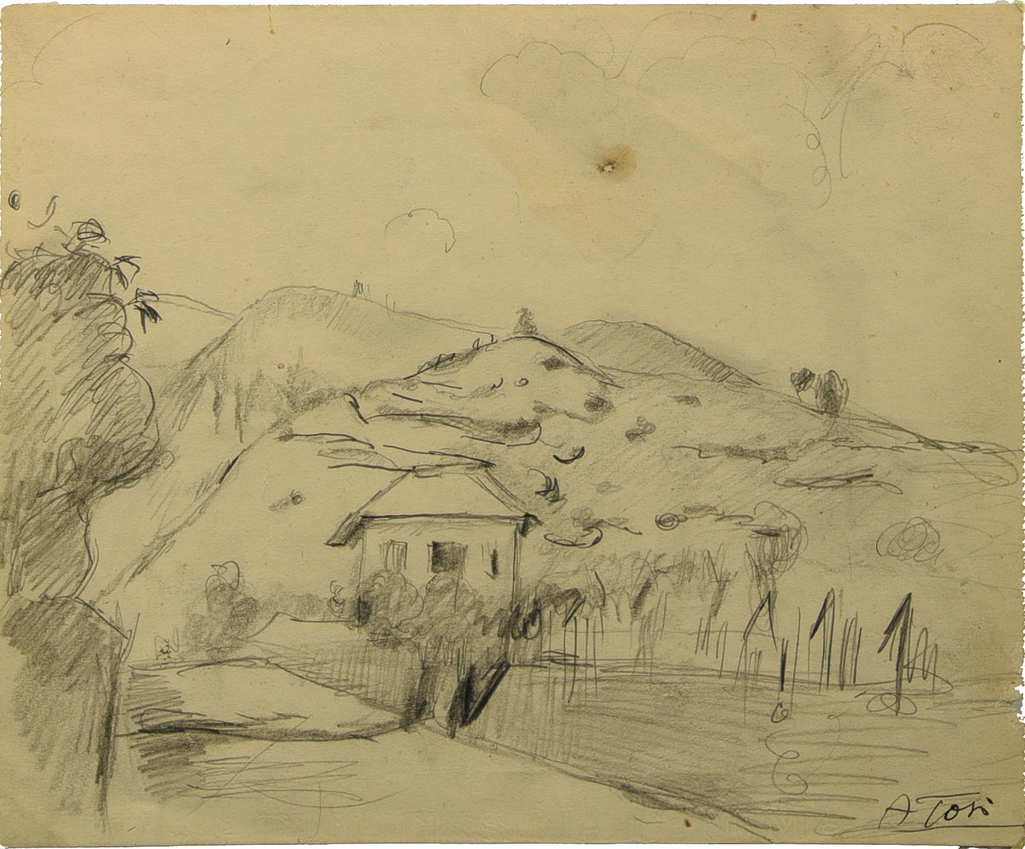 Arturo Tosi (1871 - 1956) PAESAGGIO matita su carta, cm 20,5x25 firma